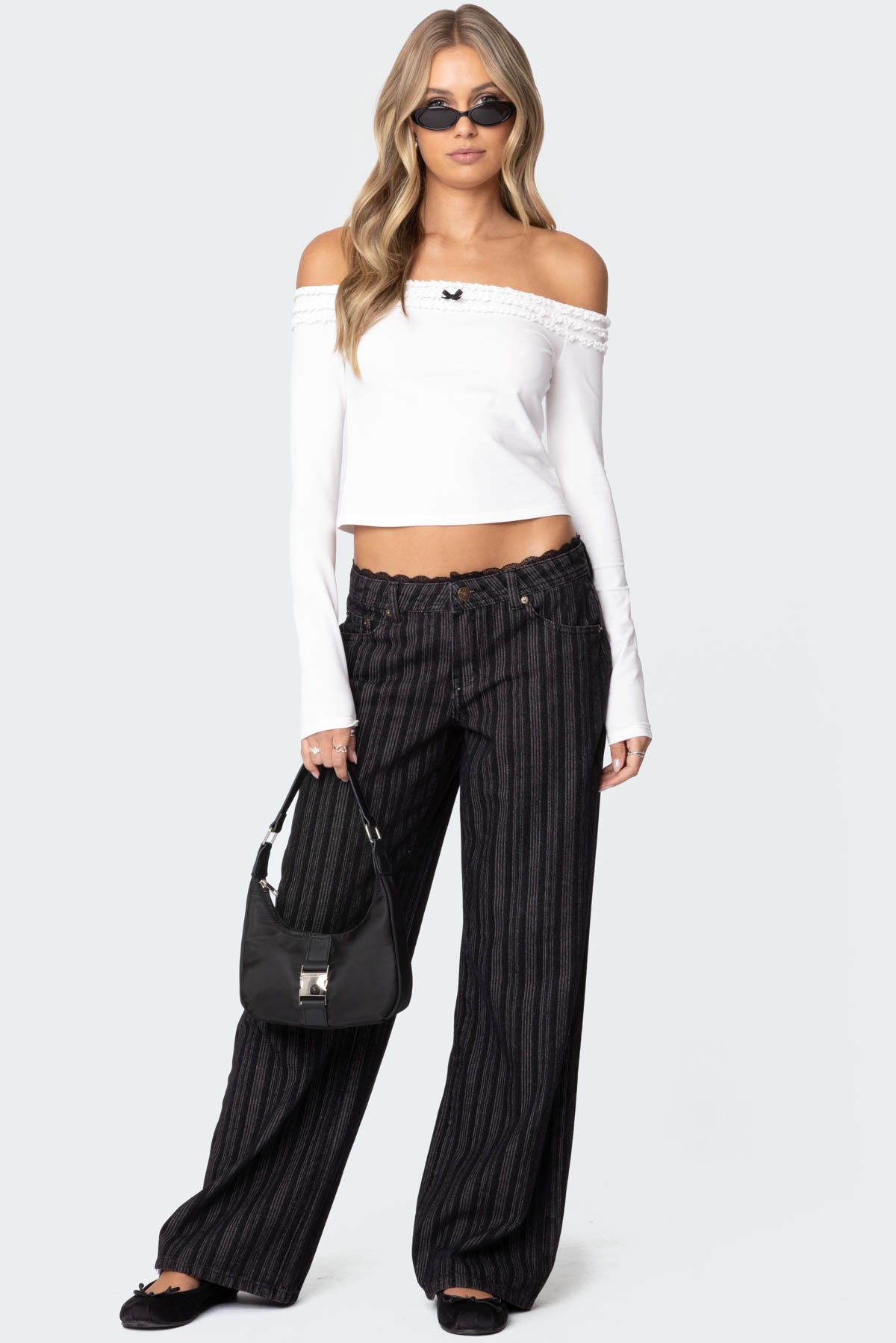 Black Lace Trim Low Rise Denim Jeans