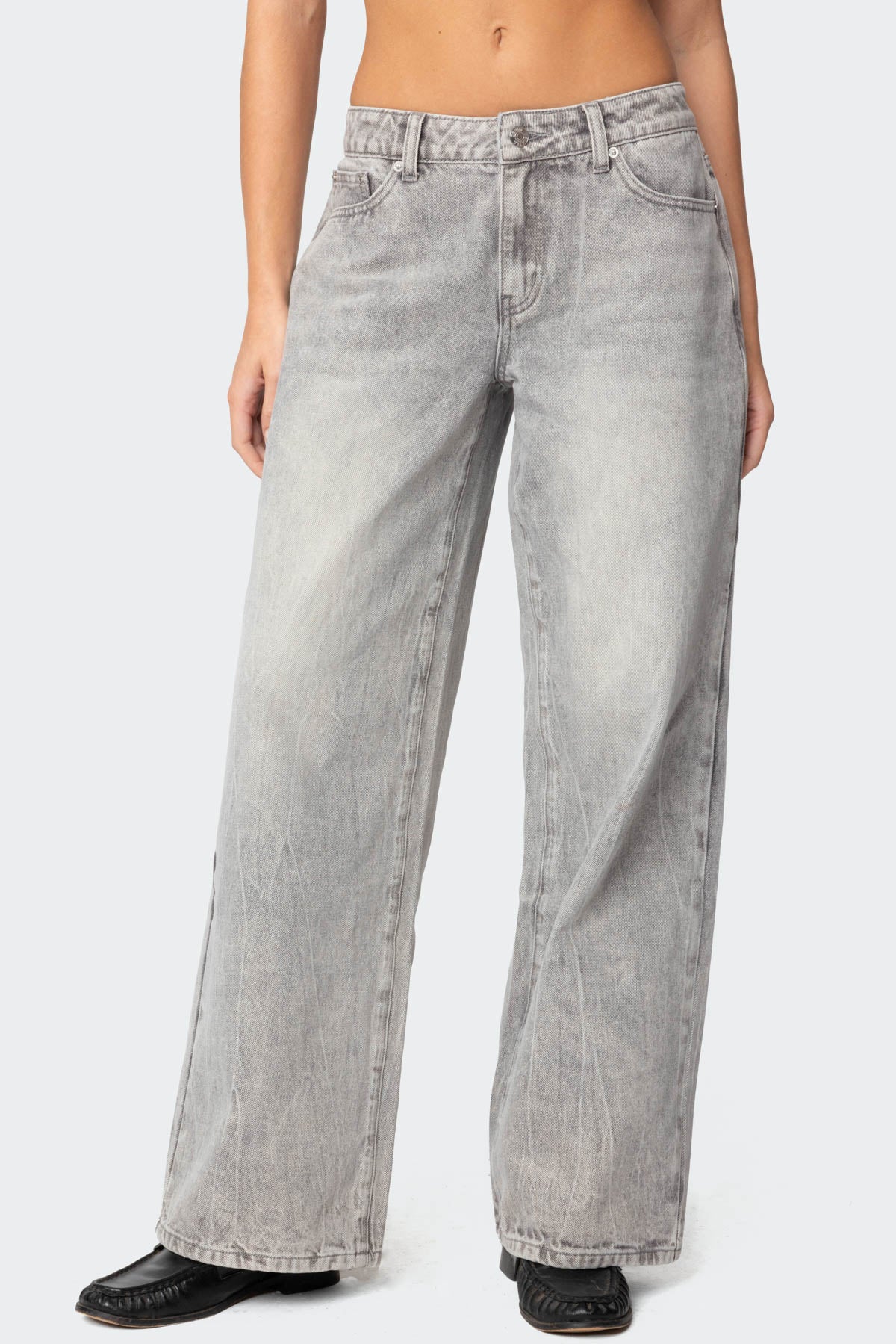 Gray Acid Wash Denim Jeans - Low Rise Fashion Pants