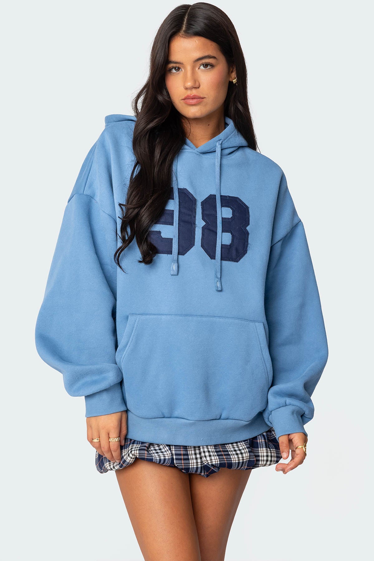 Blue Oversized Hoodie for Women - Graphic Patch Design