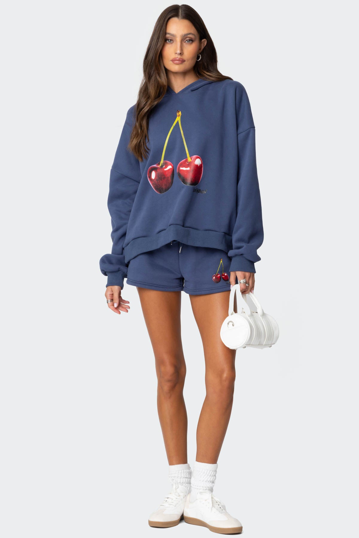 Blue Cherry Print Elastic Waist Shorts Set