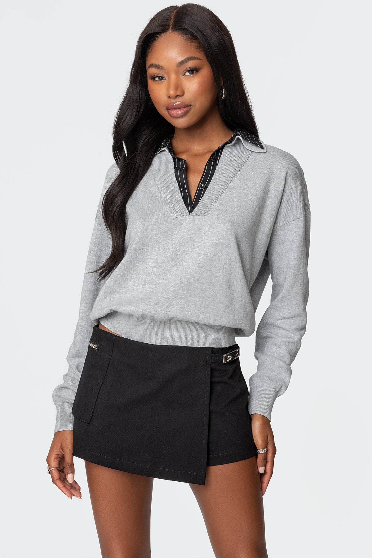 Double Collar Cotton Sweater - Stylish Gray Knitwear