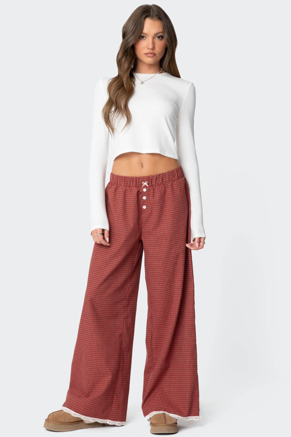 Red Plaid Lounge Pants Womens Elastic Waist Lace Trim Bow Detail