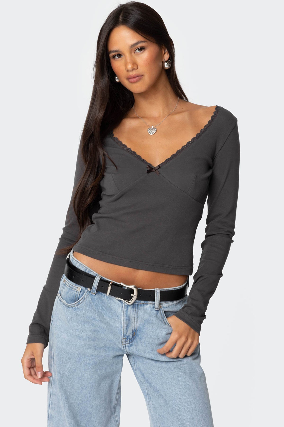 Elegant Dark Gray Lace Trim Top | Womens V-Neck Long Sleeve Blouse