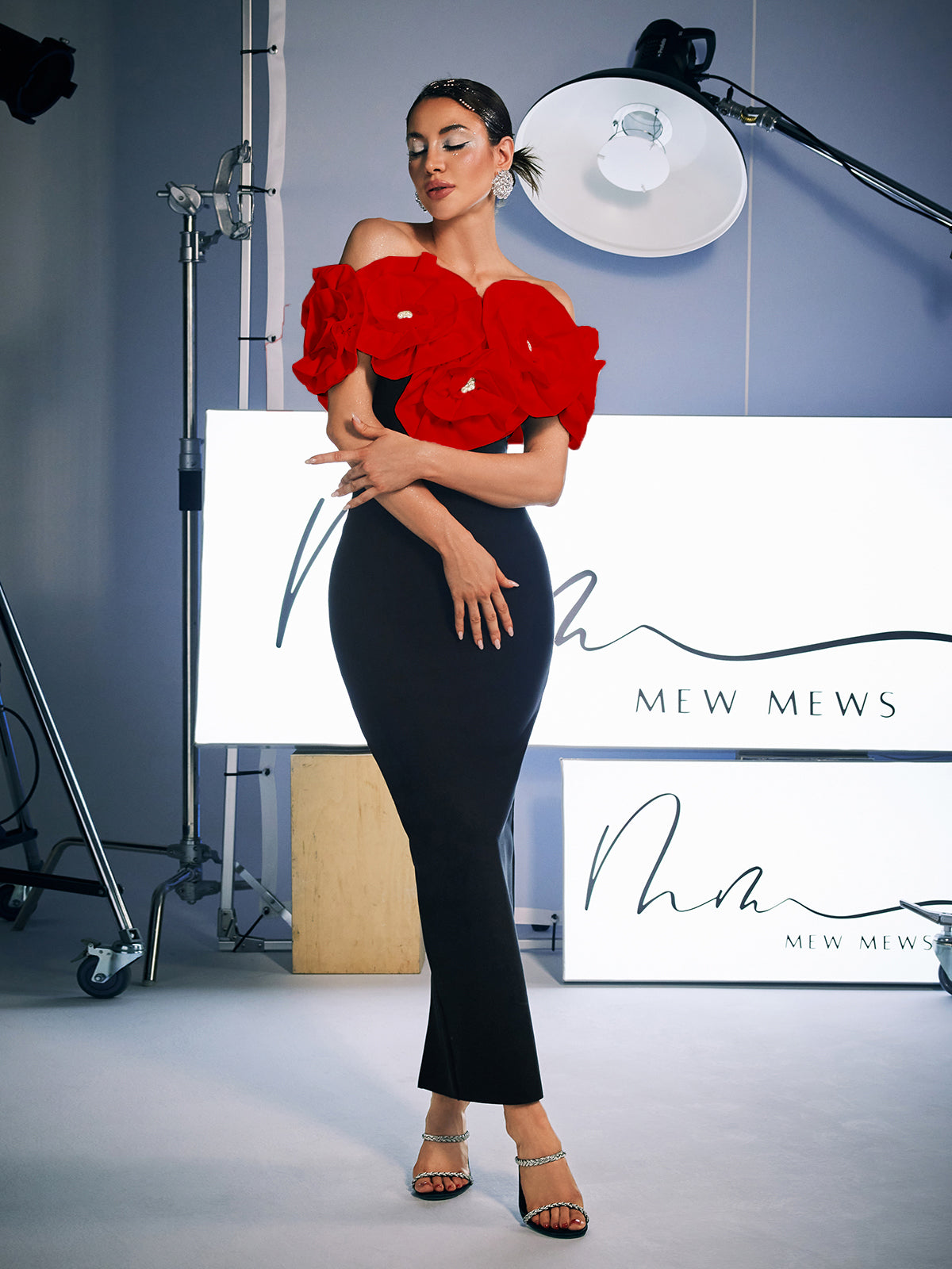 Red Floral Off Shoulder Bandage Dress - Elegant Style