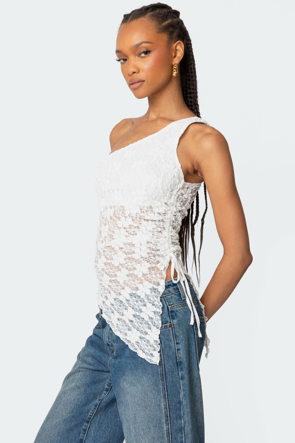 Cream Sheer Lace Drawstring Top Sleeveless Stylish Design