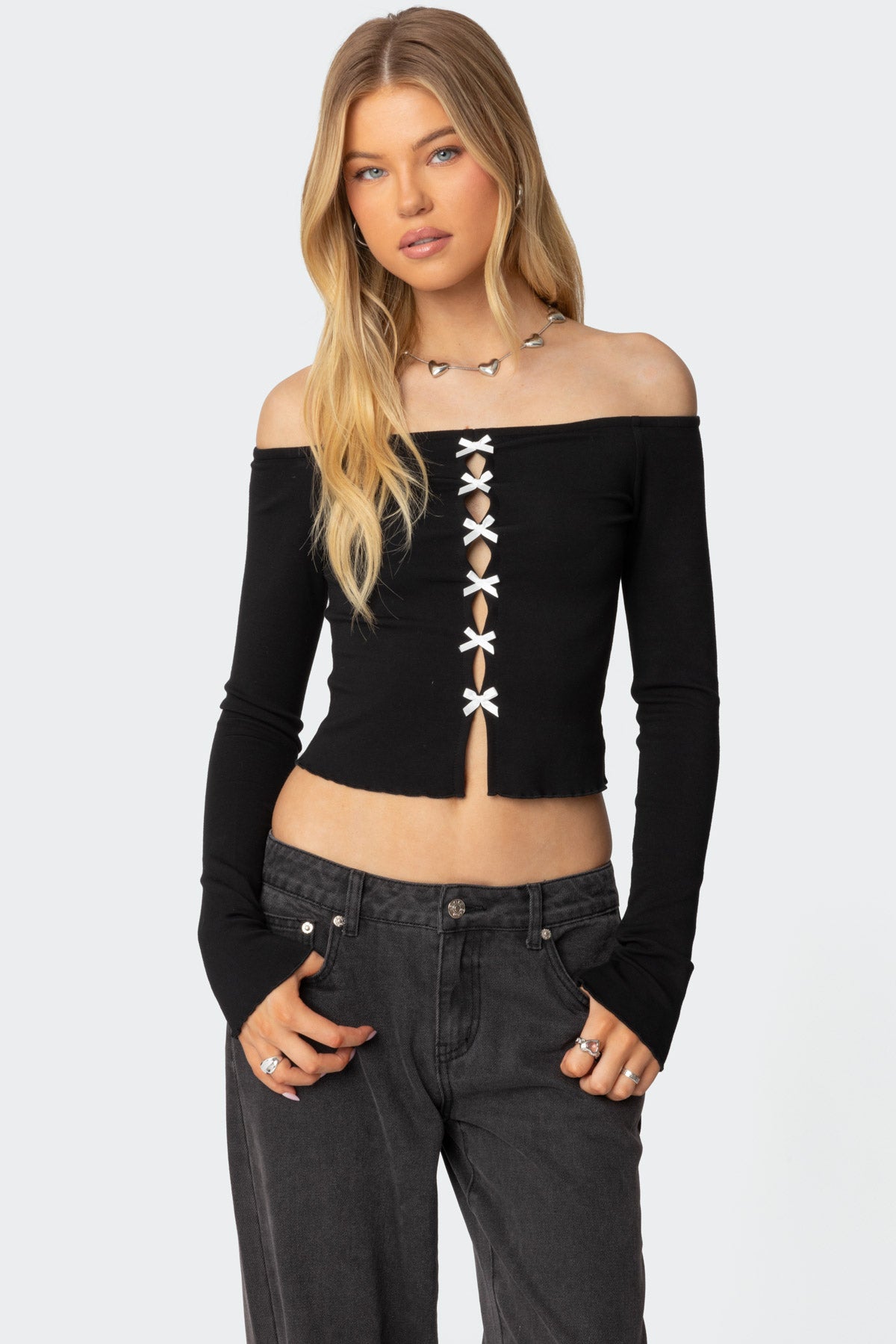 Black Off Shoulder Top with Contrast Bow Detailing