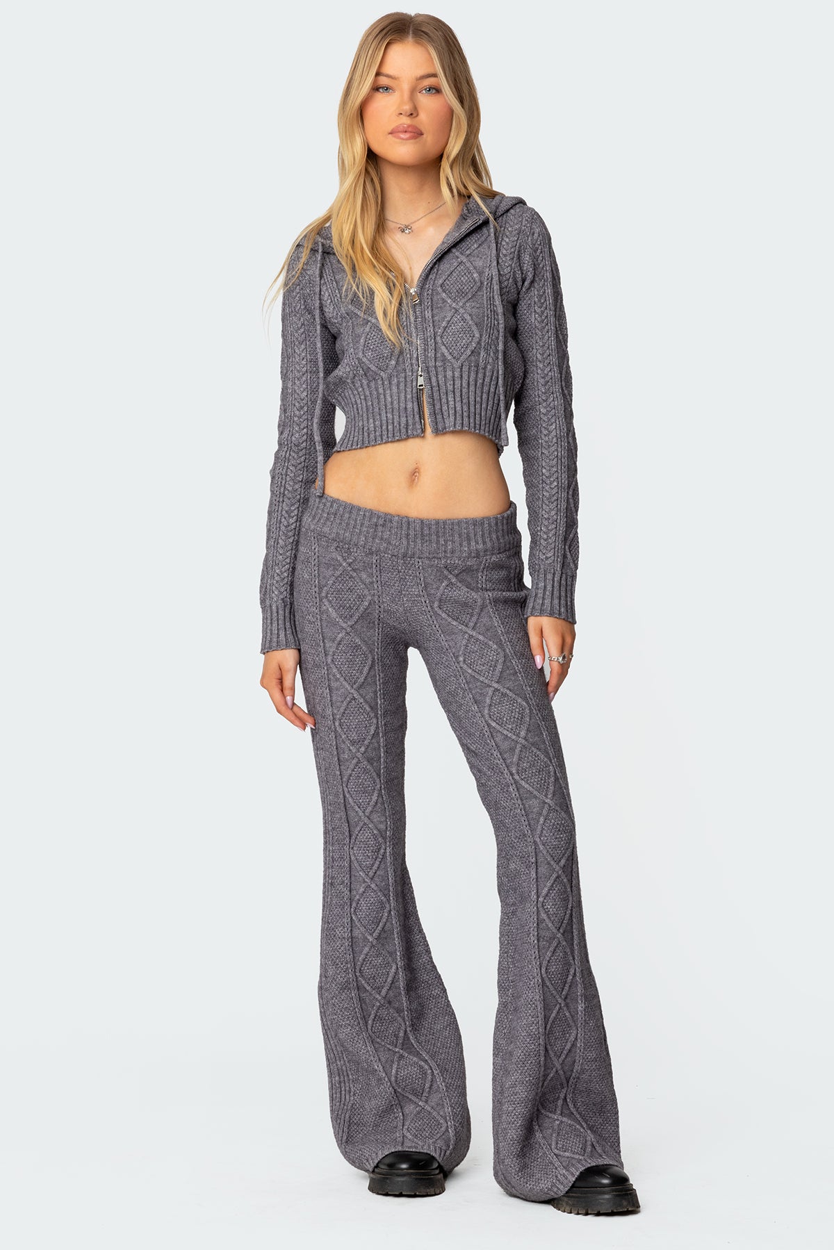 Gray Cable Knit Flared Pants Womens Knitted Matching Set