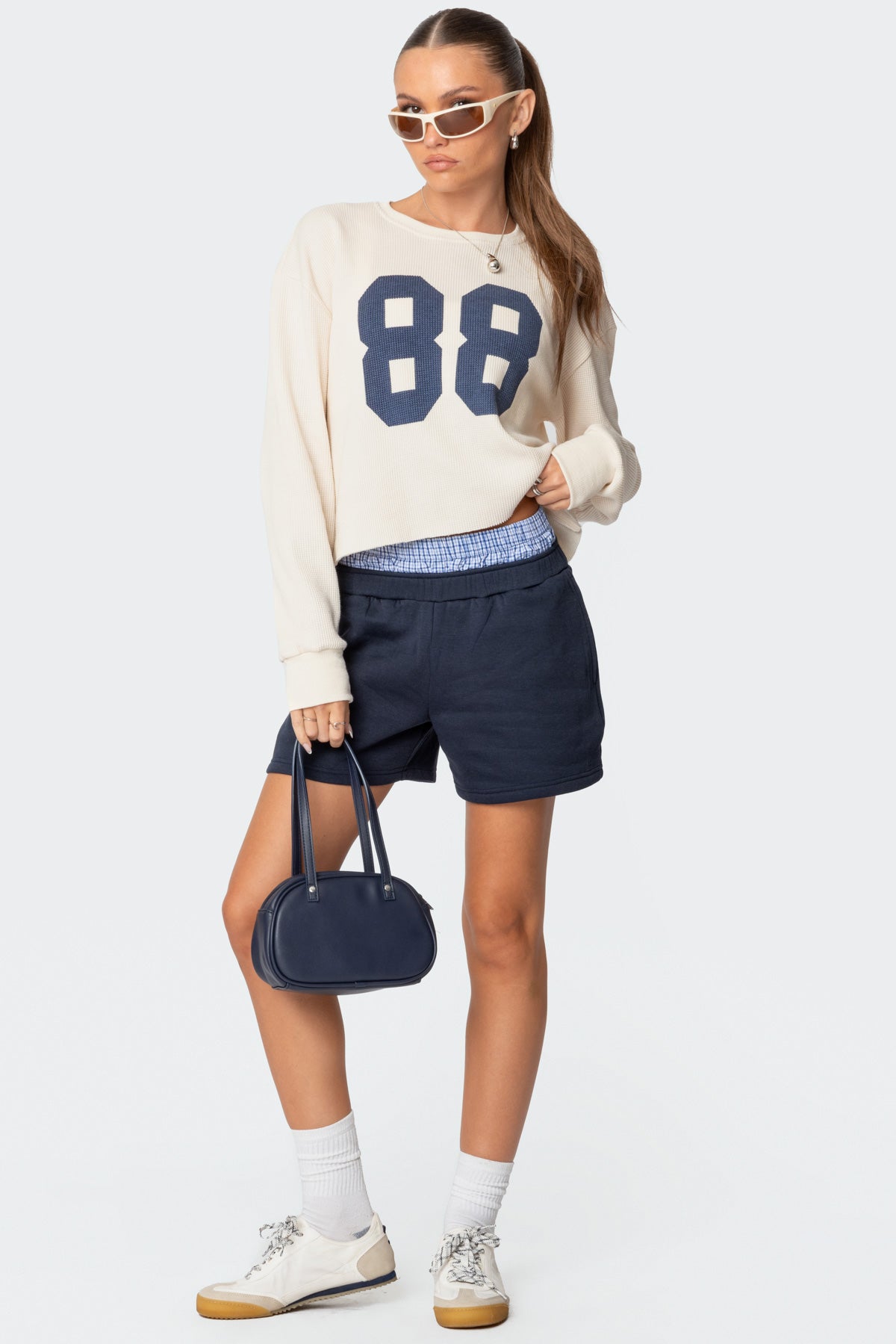 Navy Plaid Boxer Elastic Waist Sweat Shorts