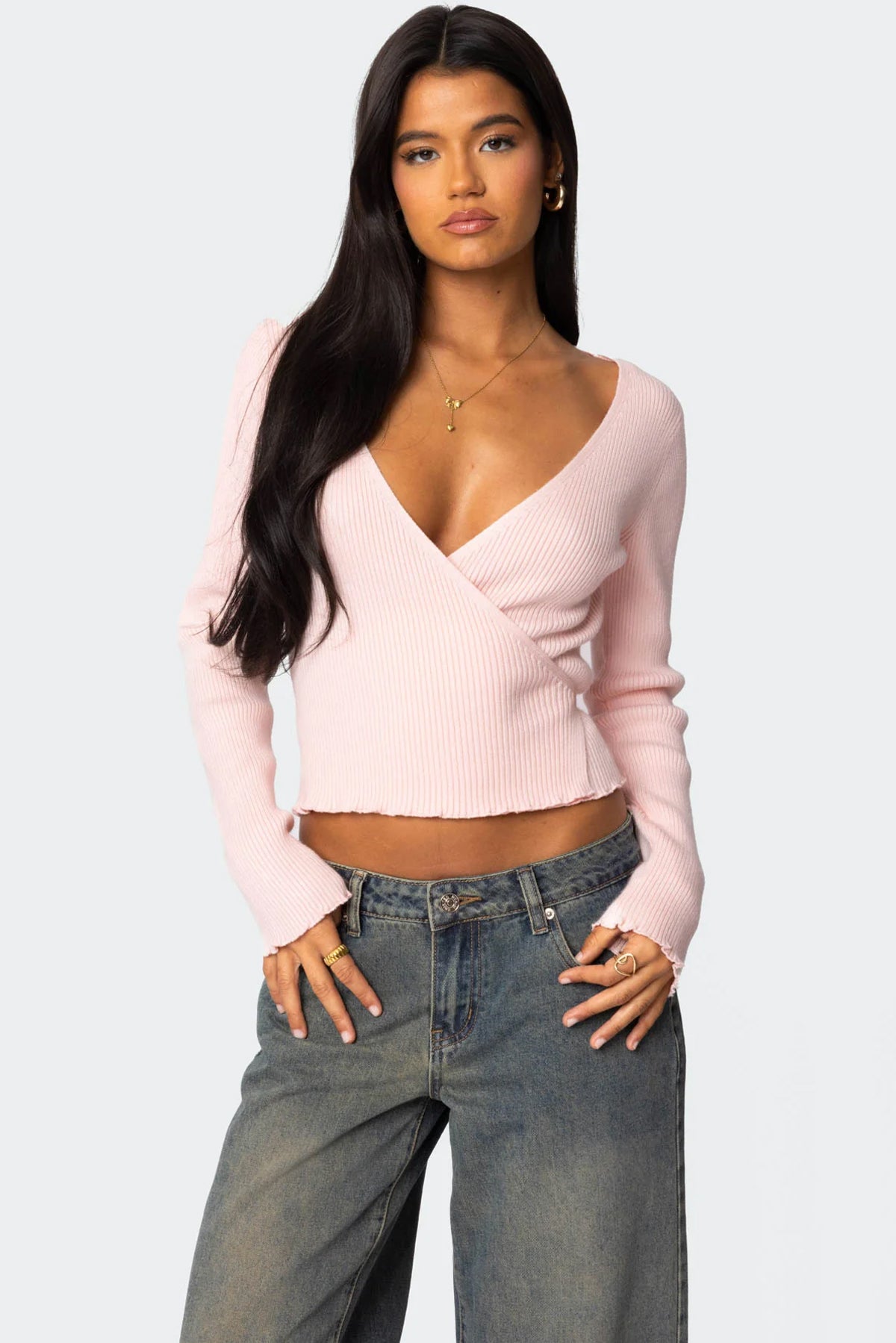 Light Pink Ribbed Knit Wrap Sweater
