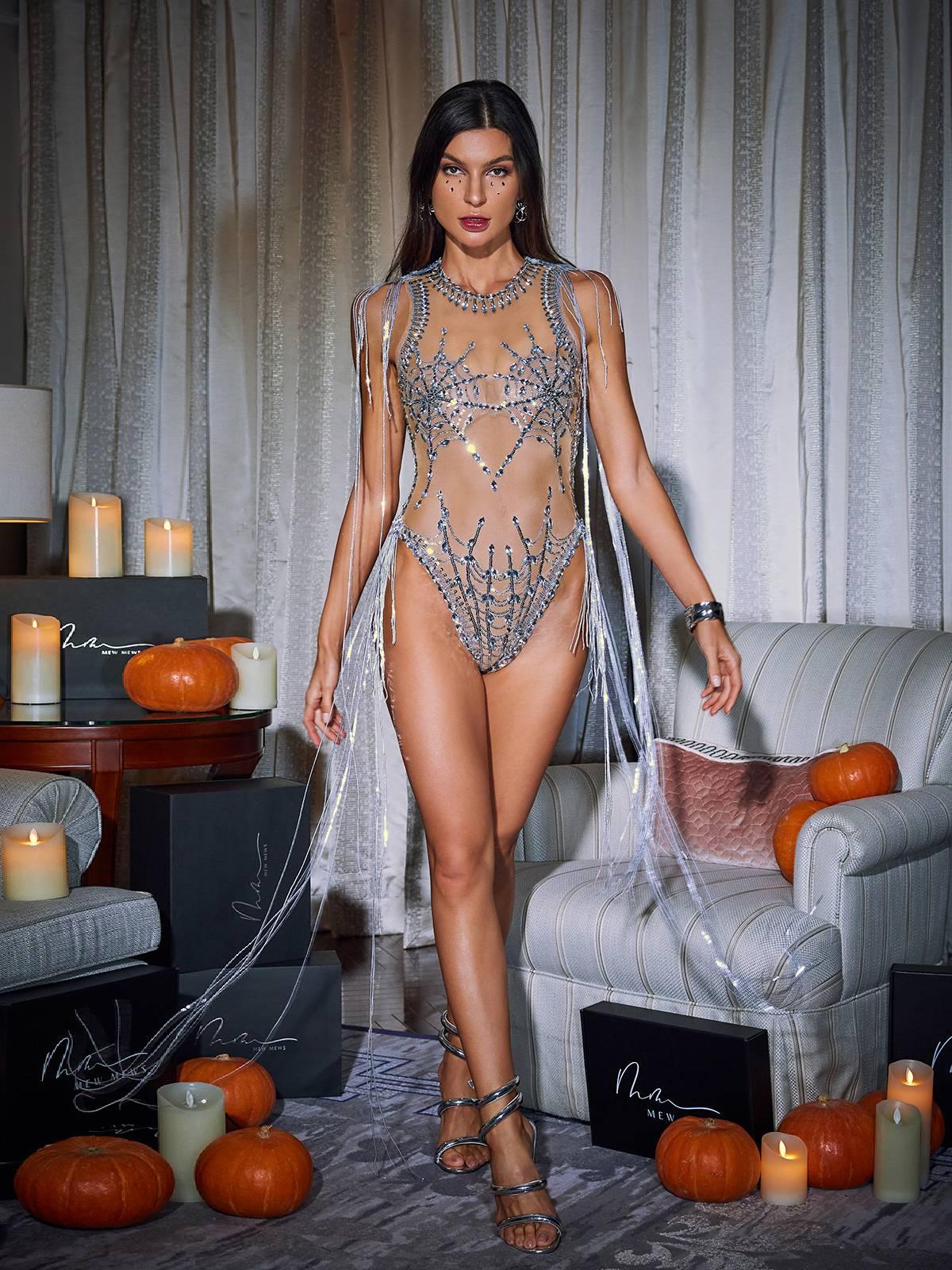 Sequin Fringe Jumpsuit in Mesh Fabric
