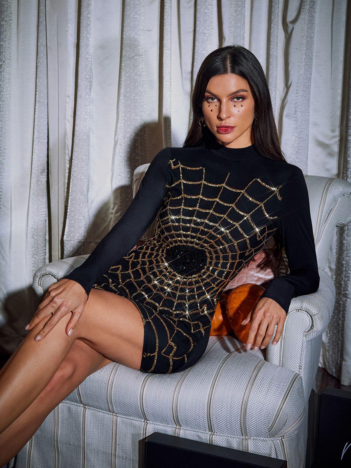 Cobweb Design Long Sleeve Mini Dress for Women