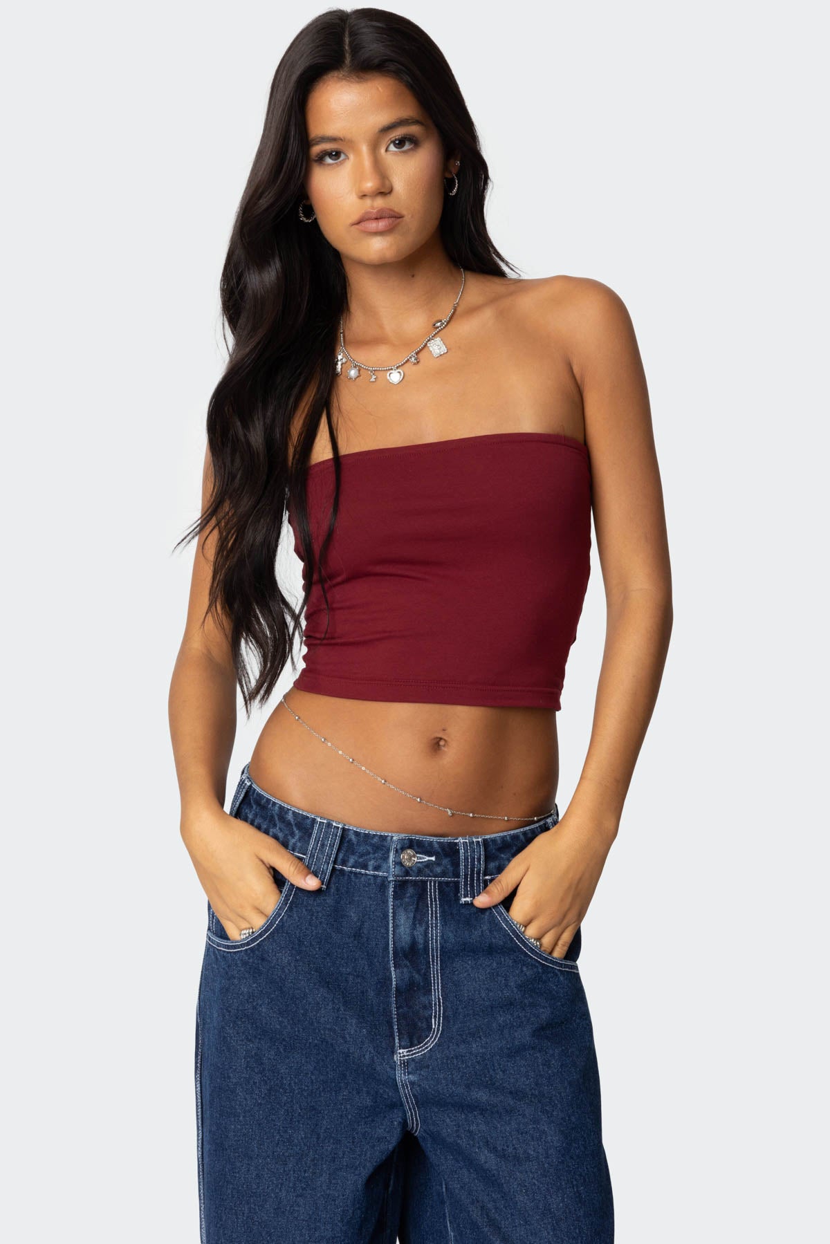 Burgundy Strapless Tube Top Womens Stretch Cotton Spandex XS-XXL