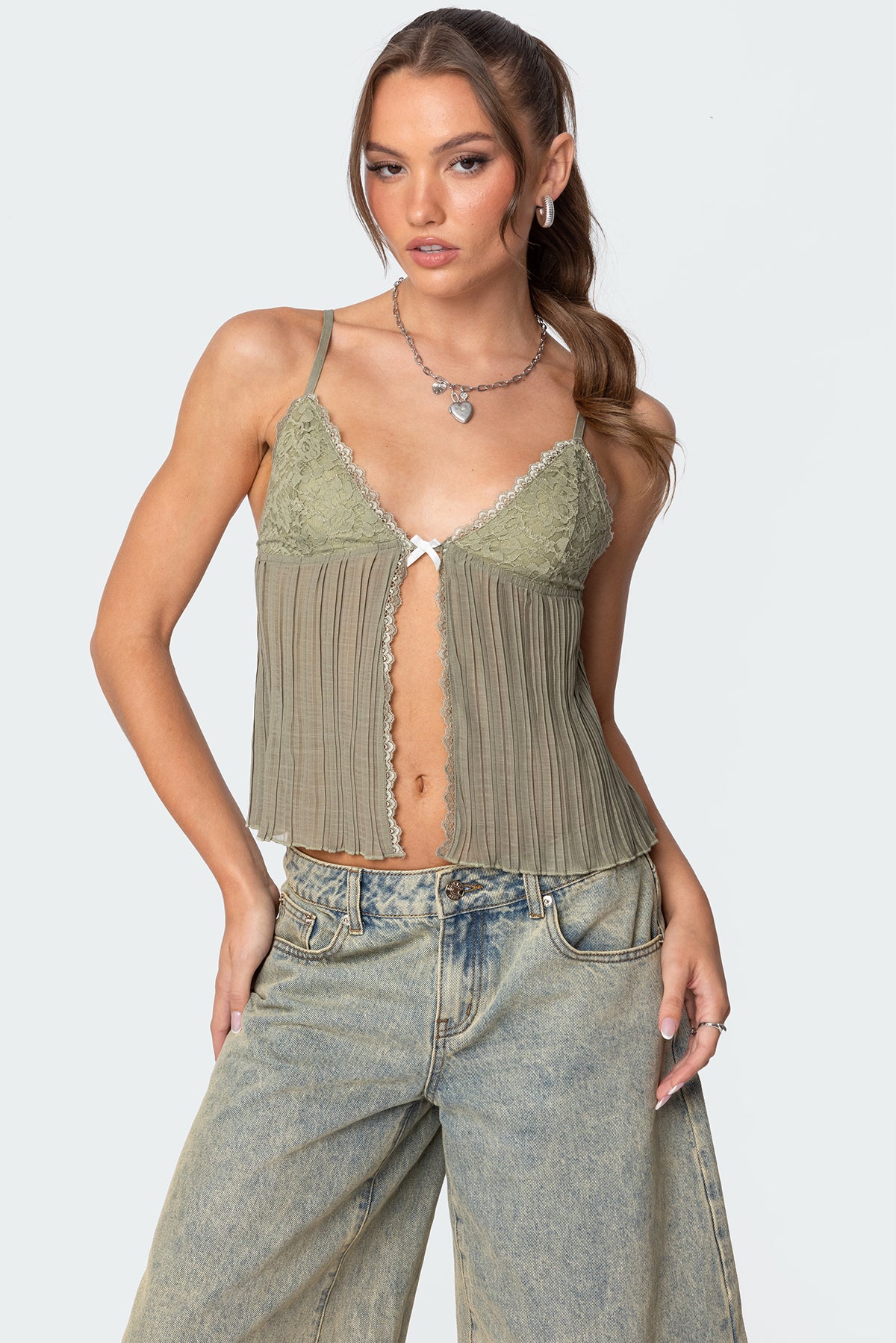 Green Lacey Pleated Tank Top - Adjustable Straps, Split Front, Center Bow Detail