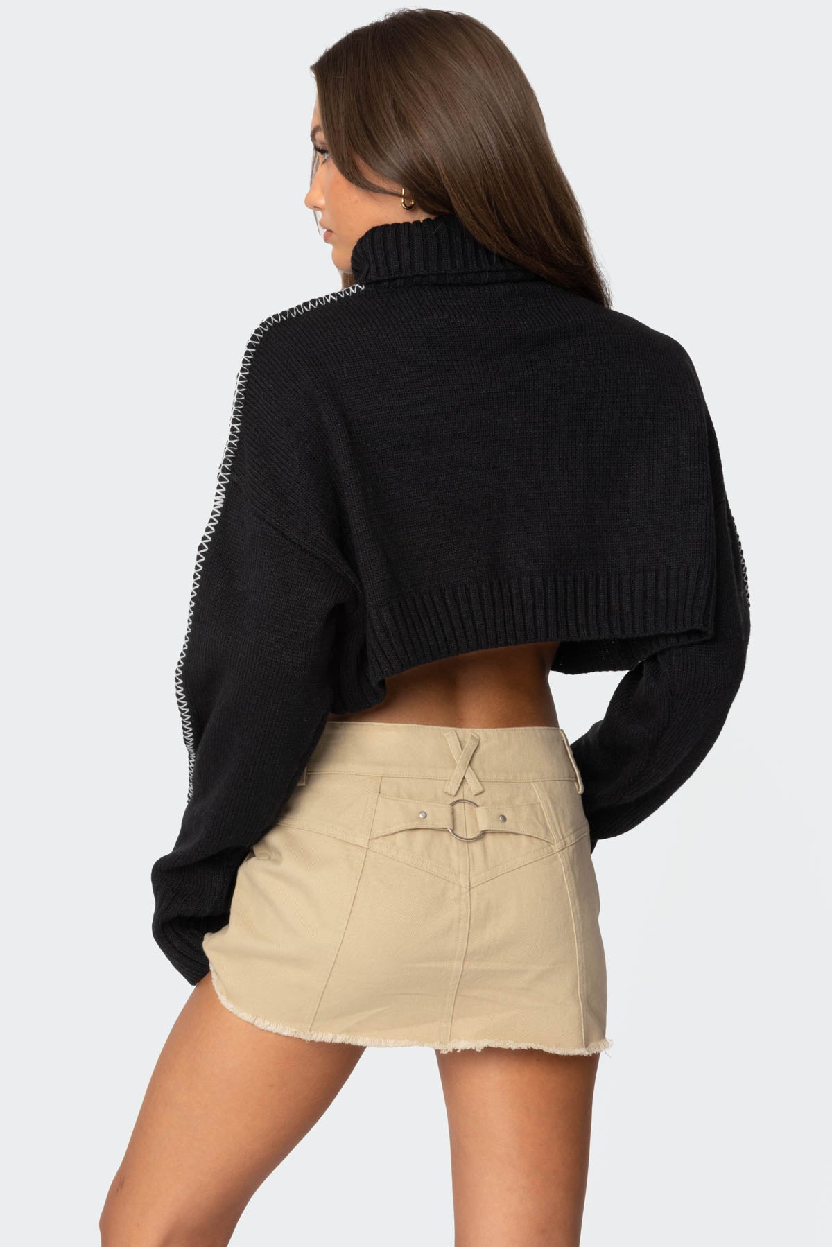 Black Cropped Turtle Neck Sweater with Embroidered Edge