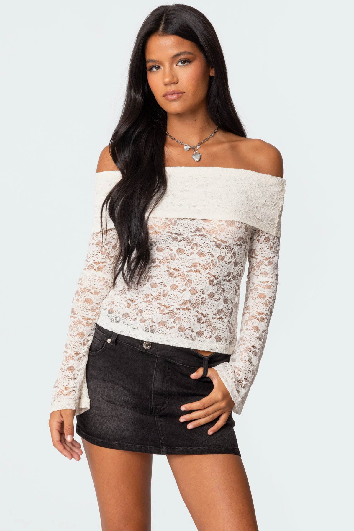 Cream Sheer Lace Off-Shoulder Top for Women