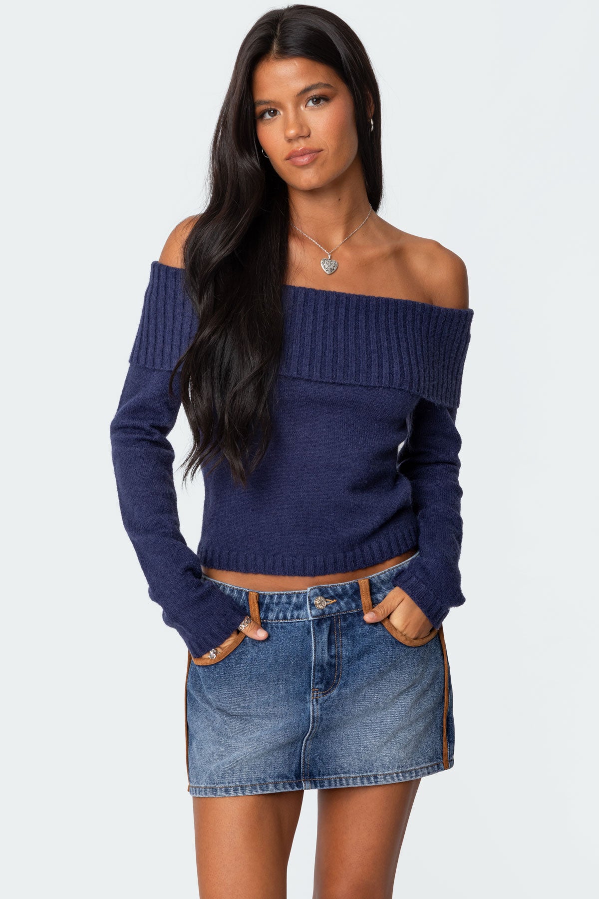 Navy Fold Over Knit Sweater
