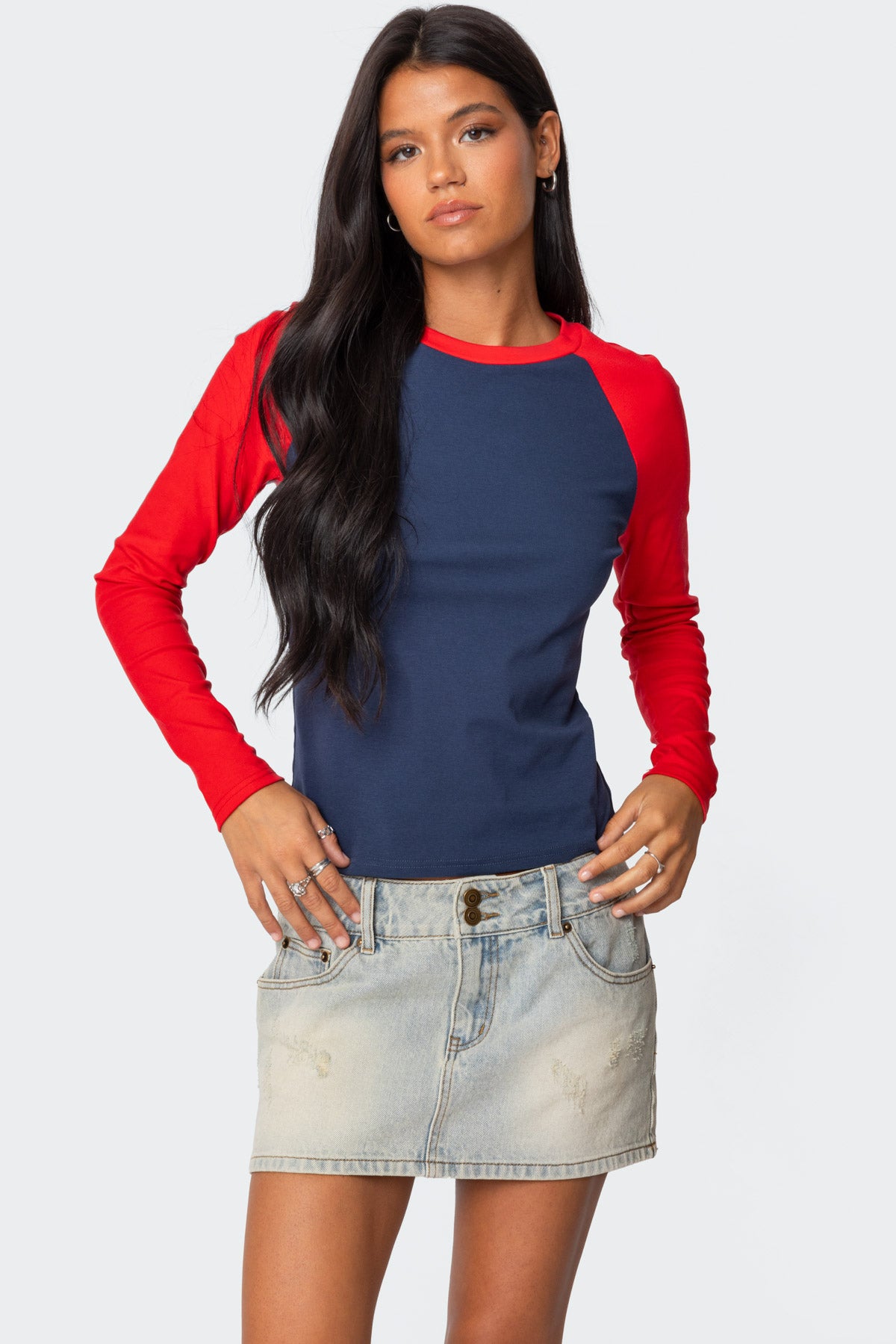 Navy Red Raglan Sleeve T-Shirt for Men - Cotton Spandex Blend