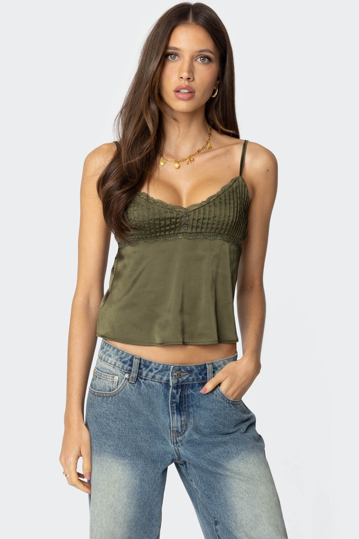 Green Satin Lace Trim Tank Top