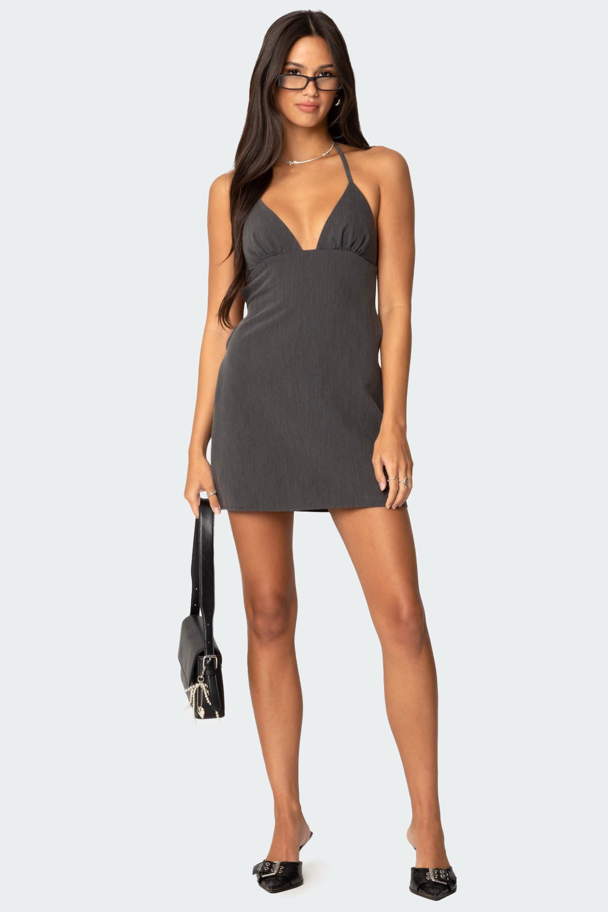 Dark Gray Halter Neck Mini Dress with Back Tie Closure