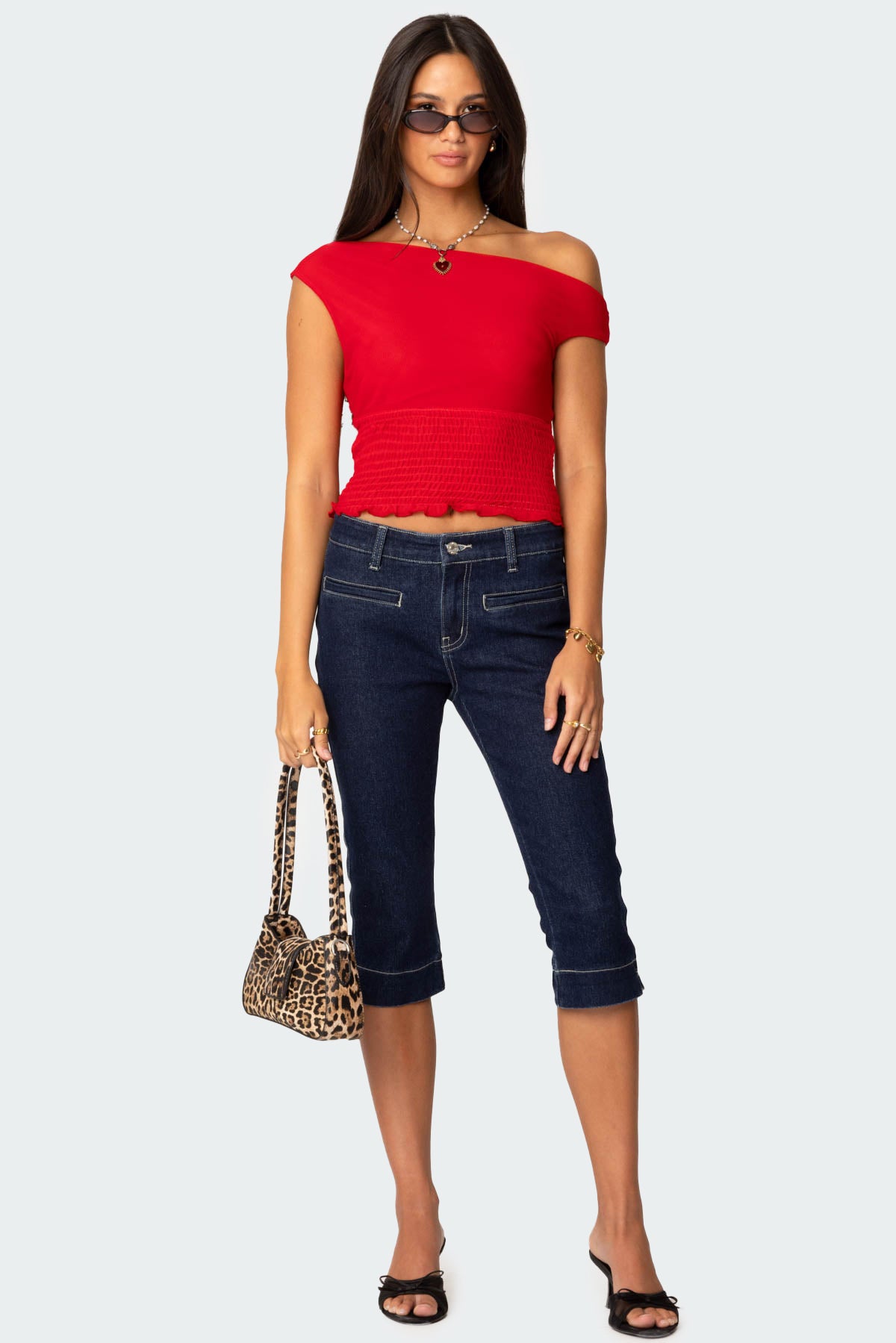 Red Asymmetric Smocked Top for Women