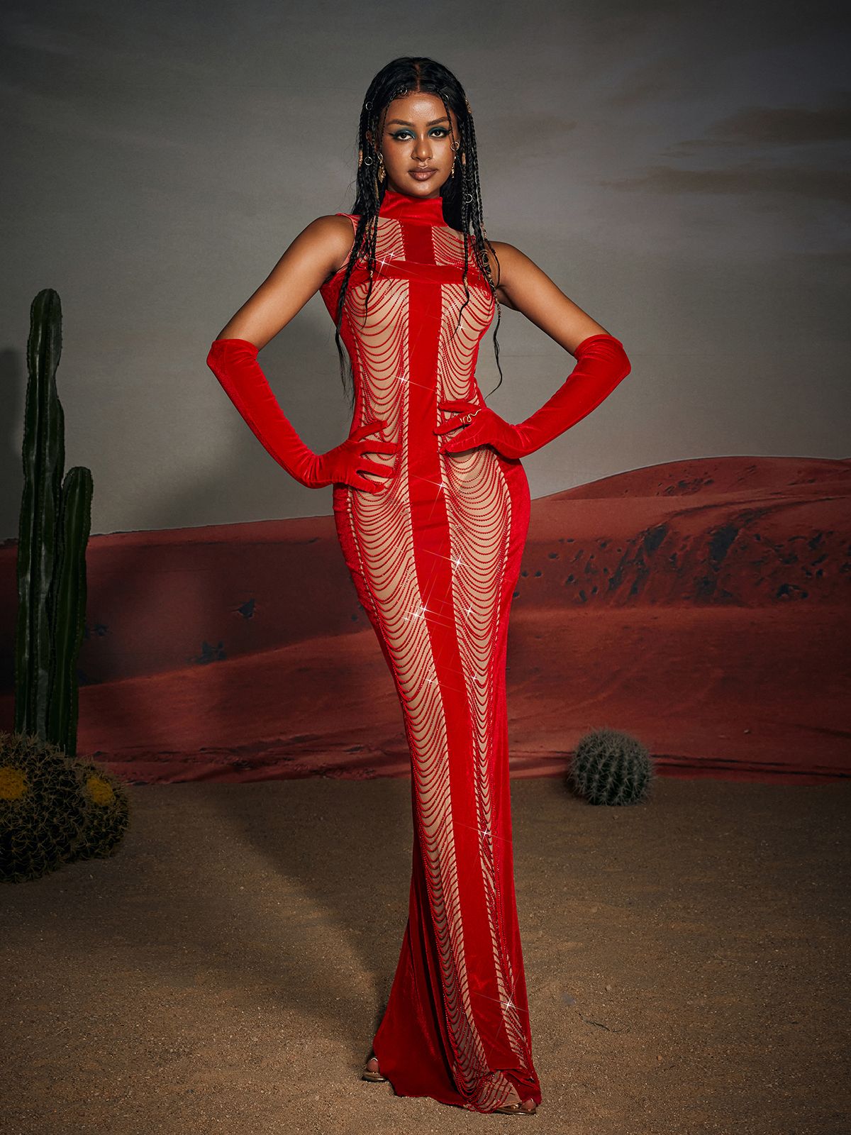 Chain Fringe Maxi Dress with Matching Gloves - Bold and Glamorous
