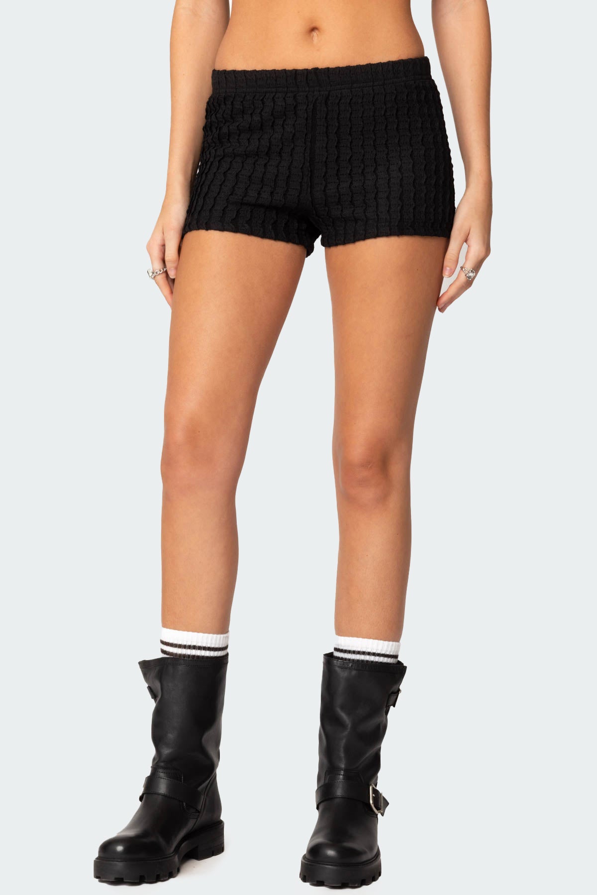 Black Textured Knit Shorts Set