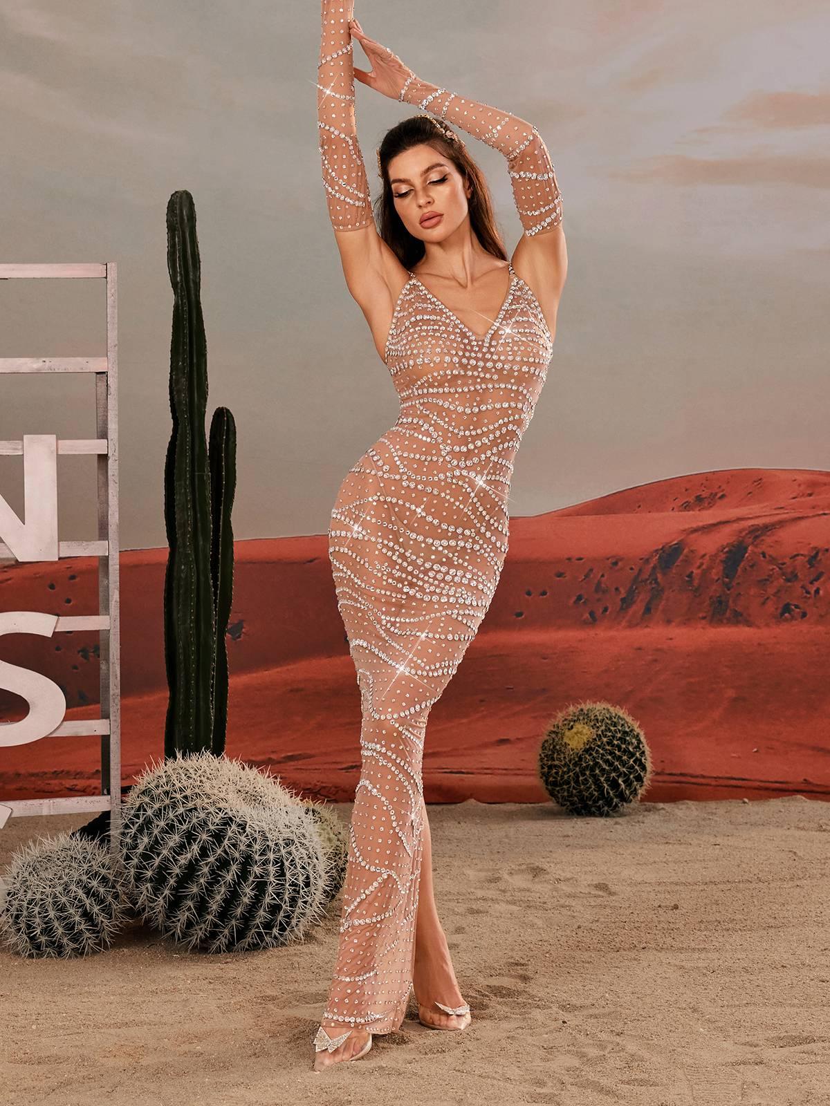 Elegant Rhinestone Mesh Maxi Dress in Nude - Spaghetti Straps