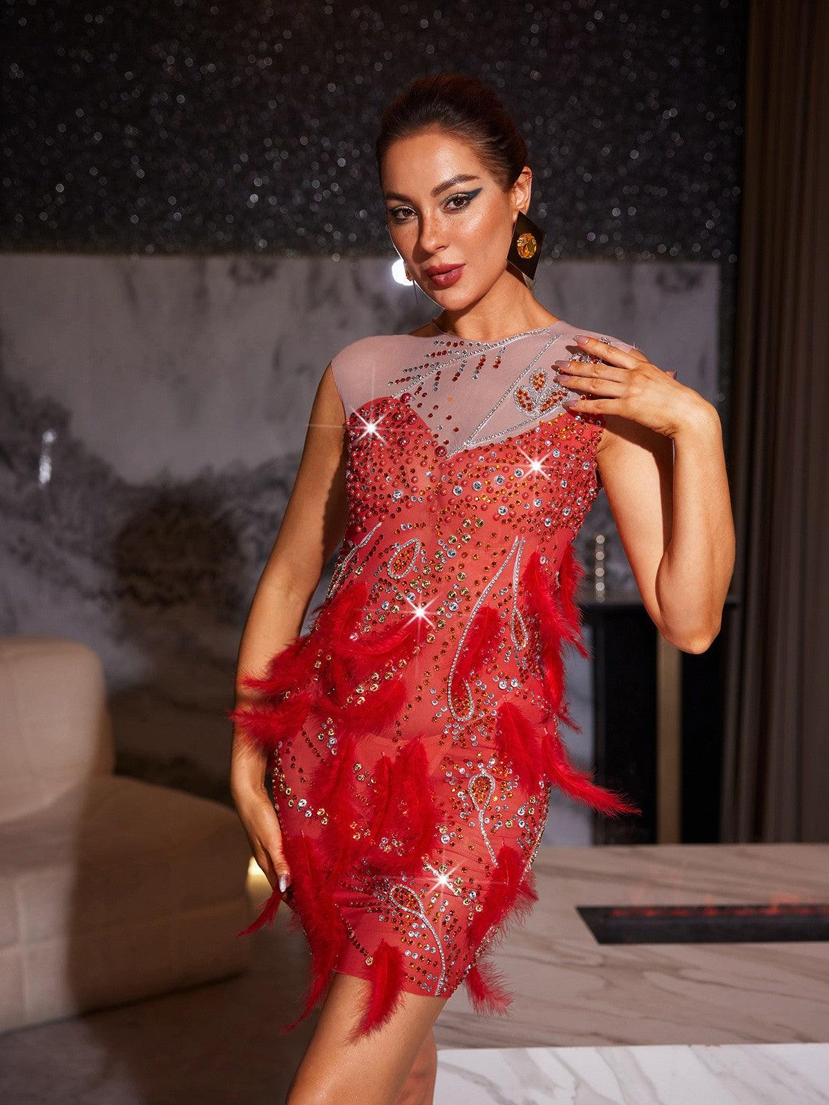 Feathered Rhinestone Mini Dress