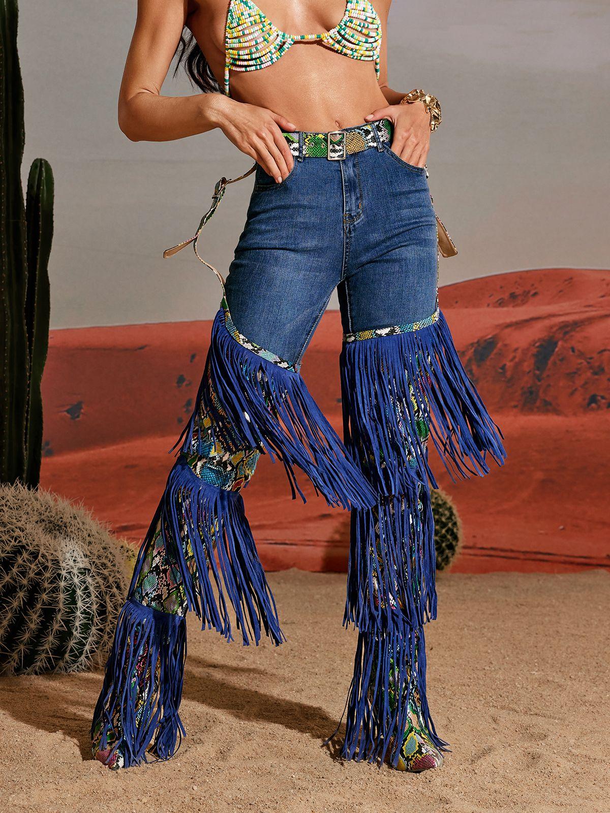 Blue Denim Fringe Printed Boots - Pointed Toe Heeled Shoes