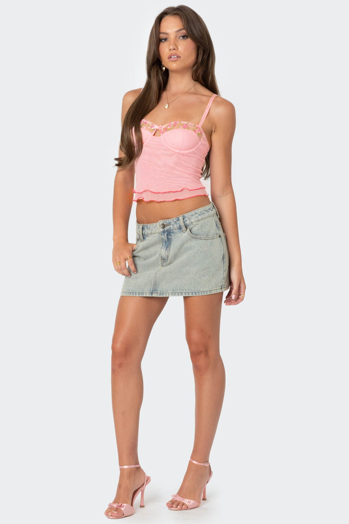 Pink Mesh Layered Frill Tank Top