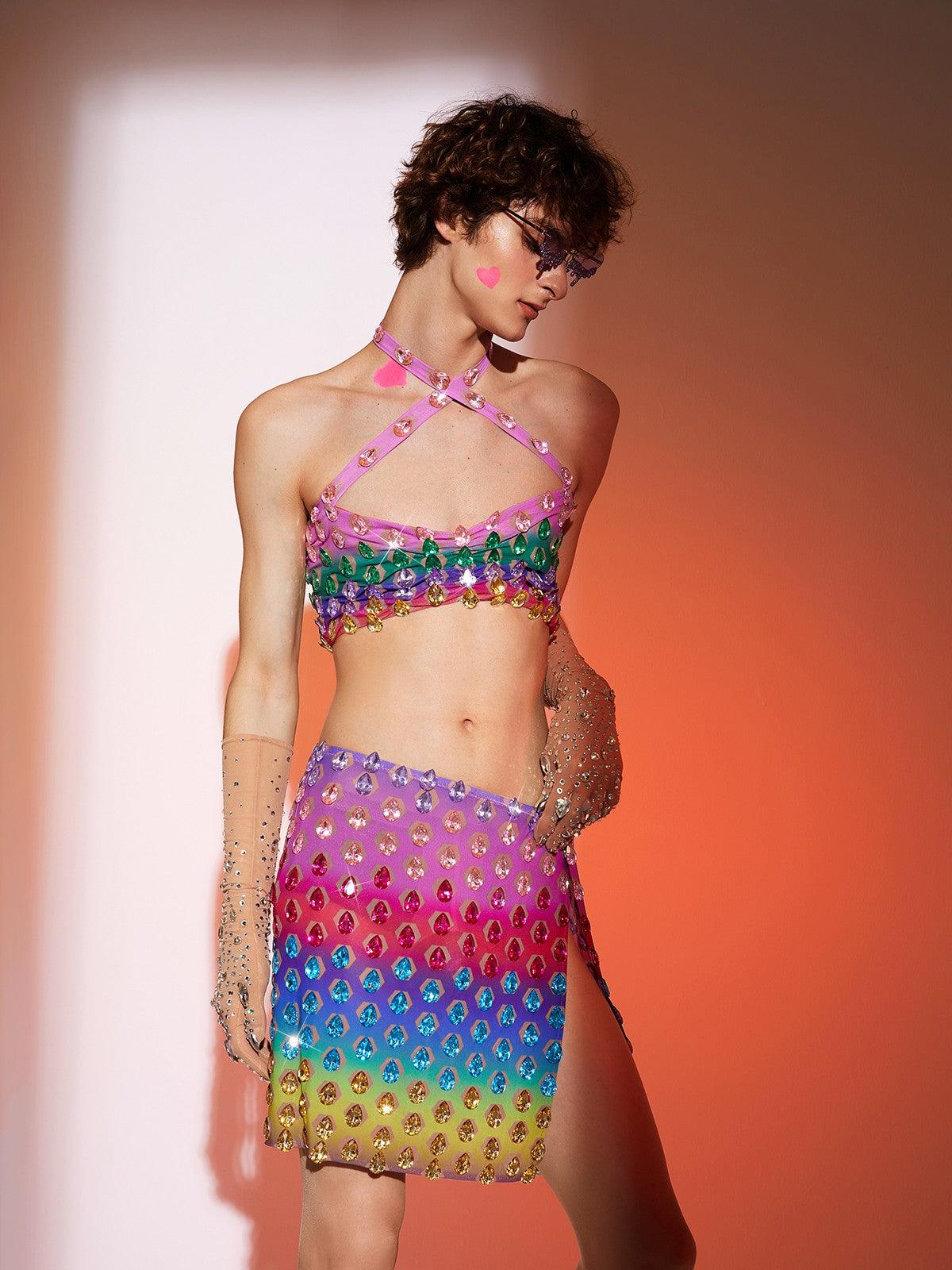 Rainbow Rhinestone Halterneck Set