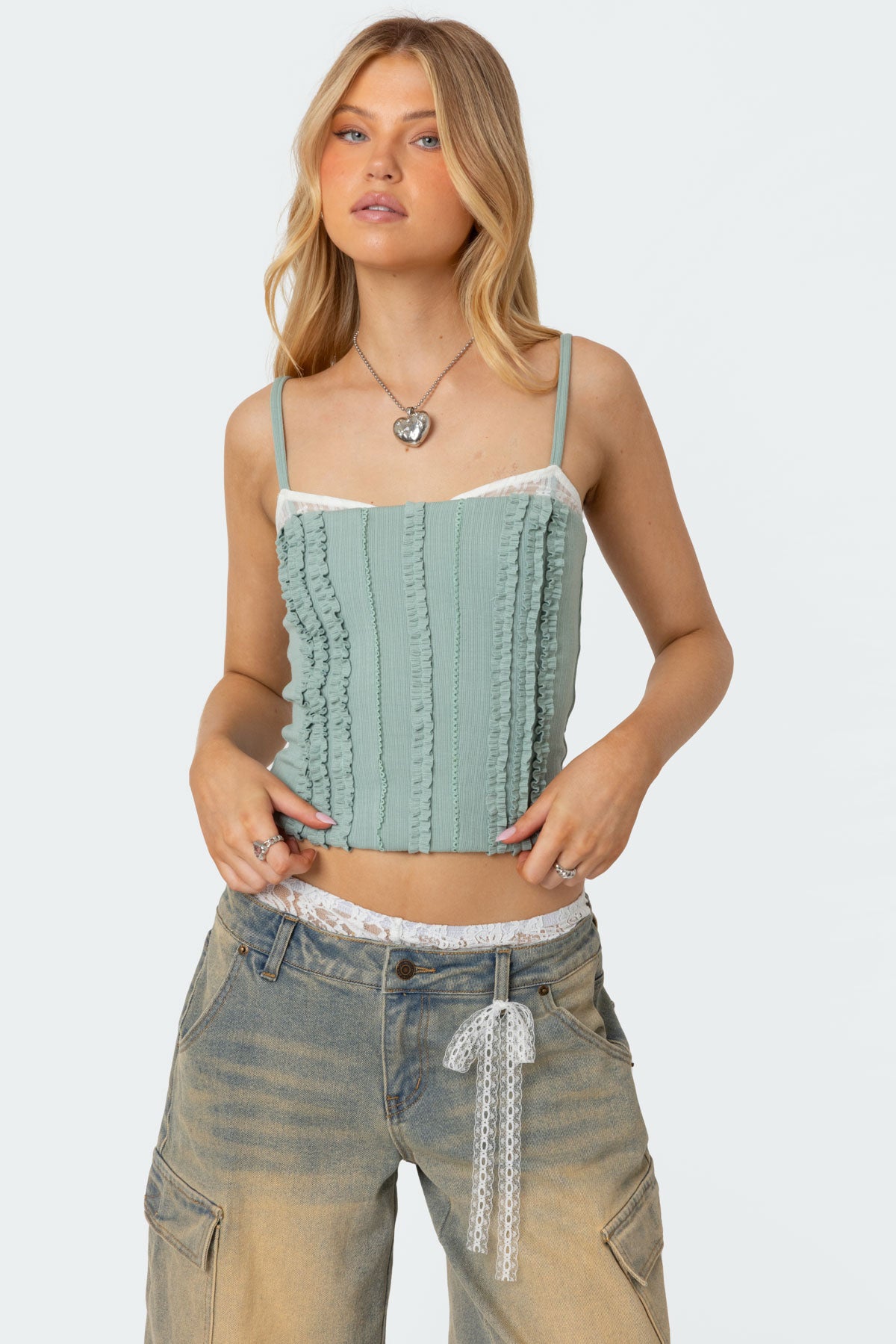 Ruffled Green Fabric Bra Top Women Adjustable Straps