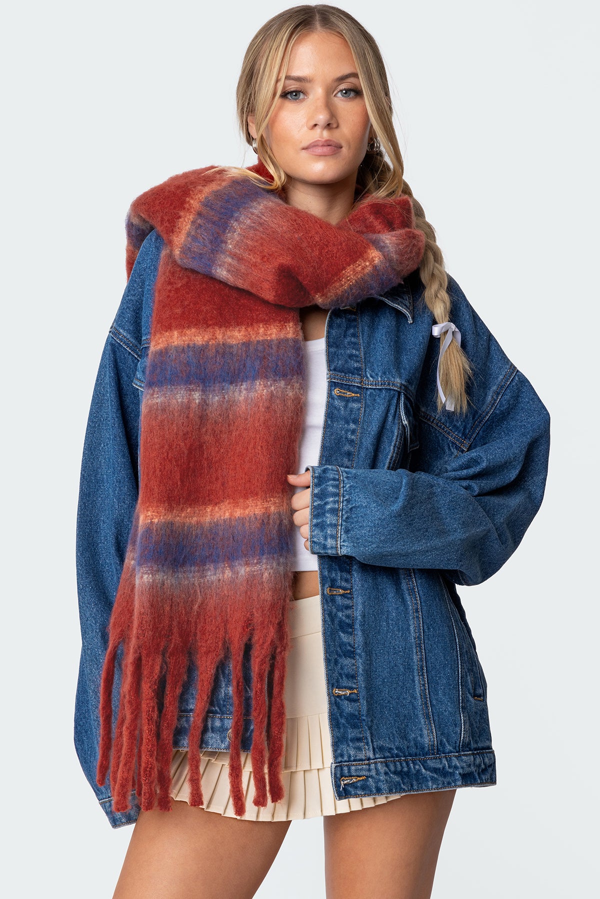 Red Chunky Striped Scarf Polyester Unisex