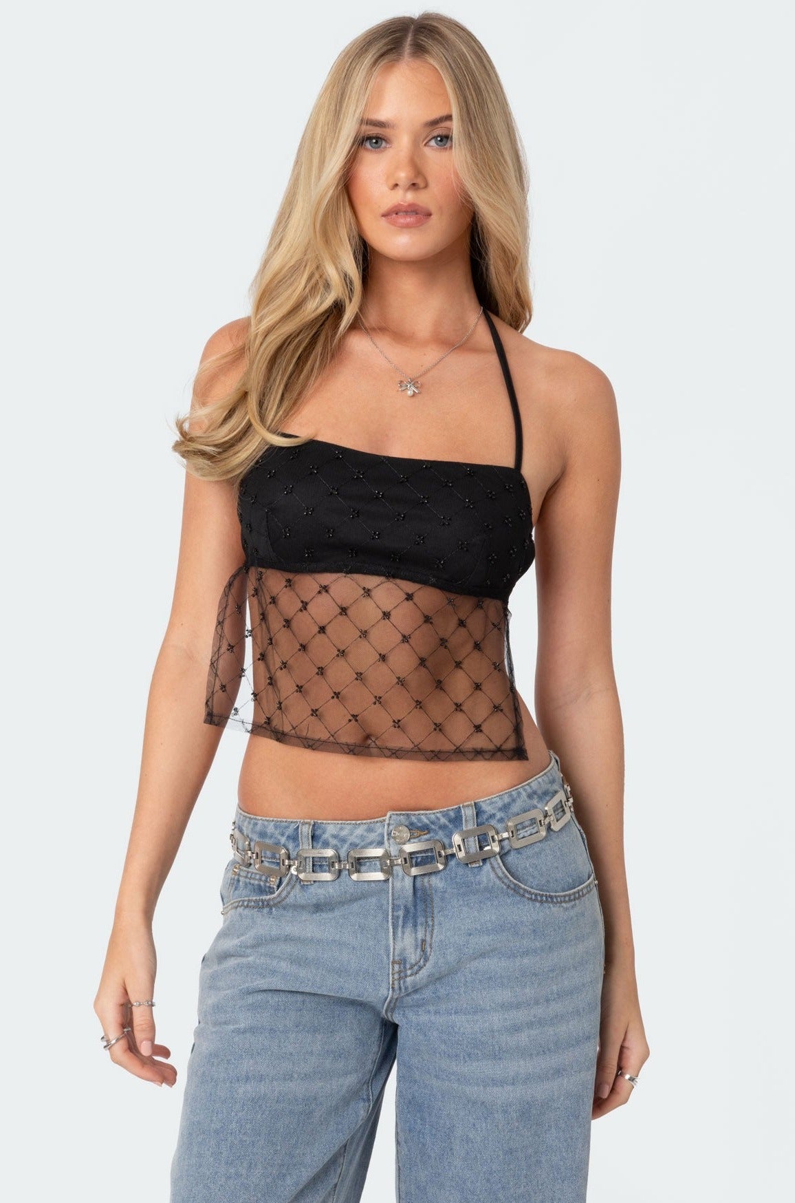 Black Sheer Sequin Halter Top