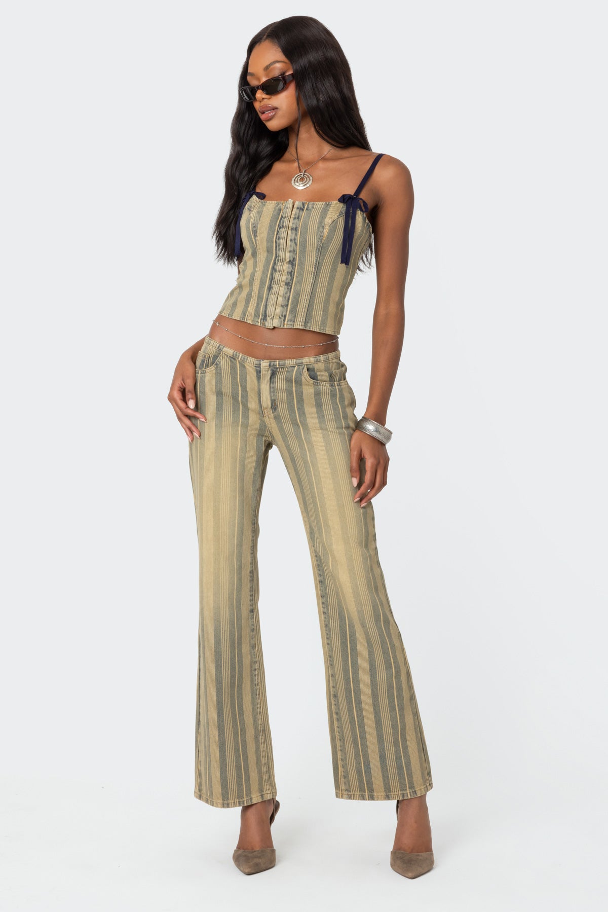 Denim Pinstripe Flare Pants