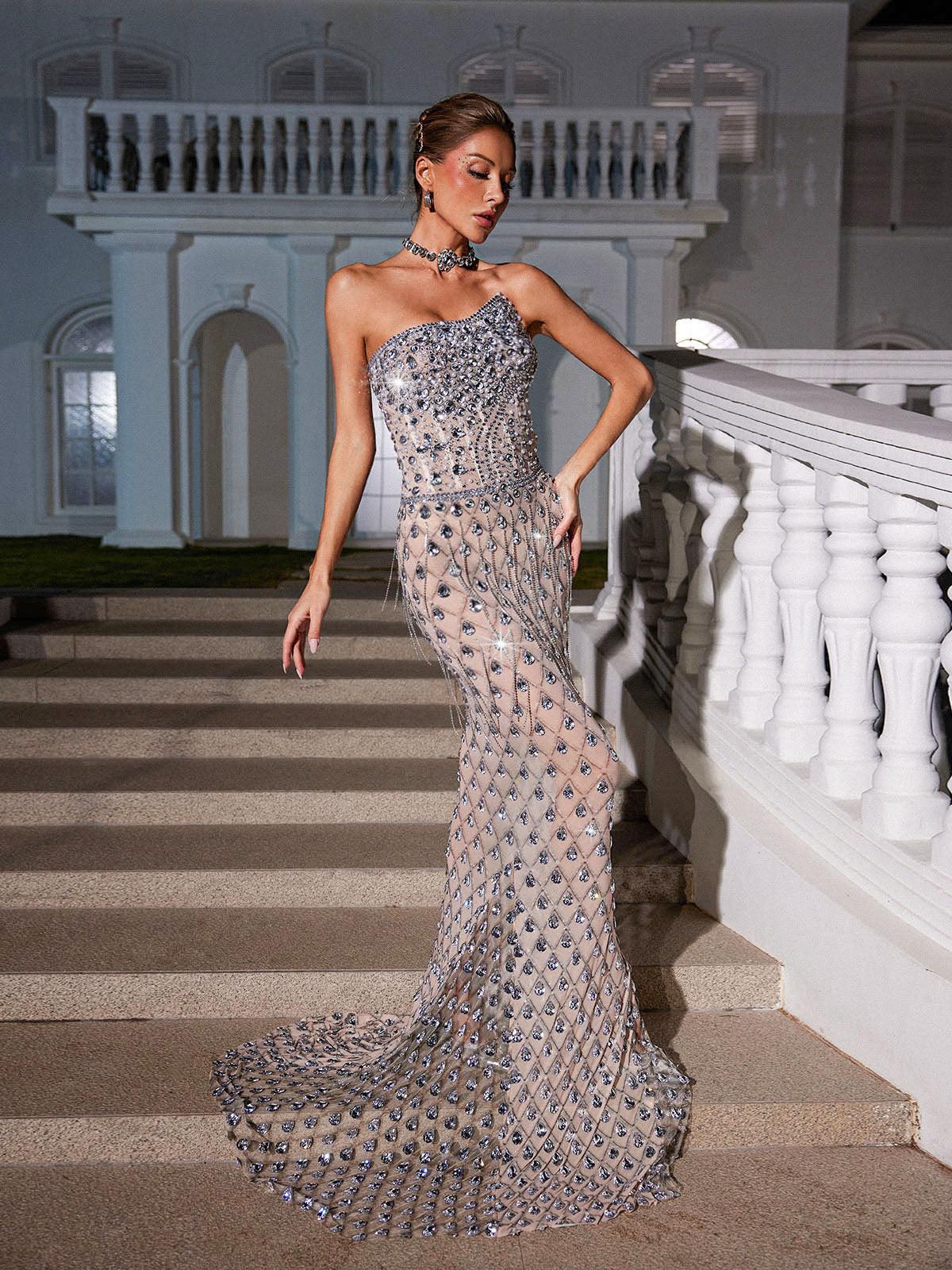 Glamorous Rhinestone Embellished Mesh Maxi Dress