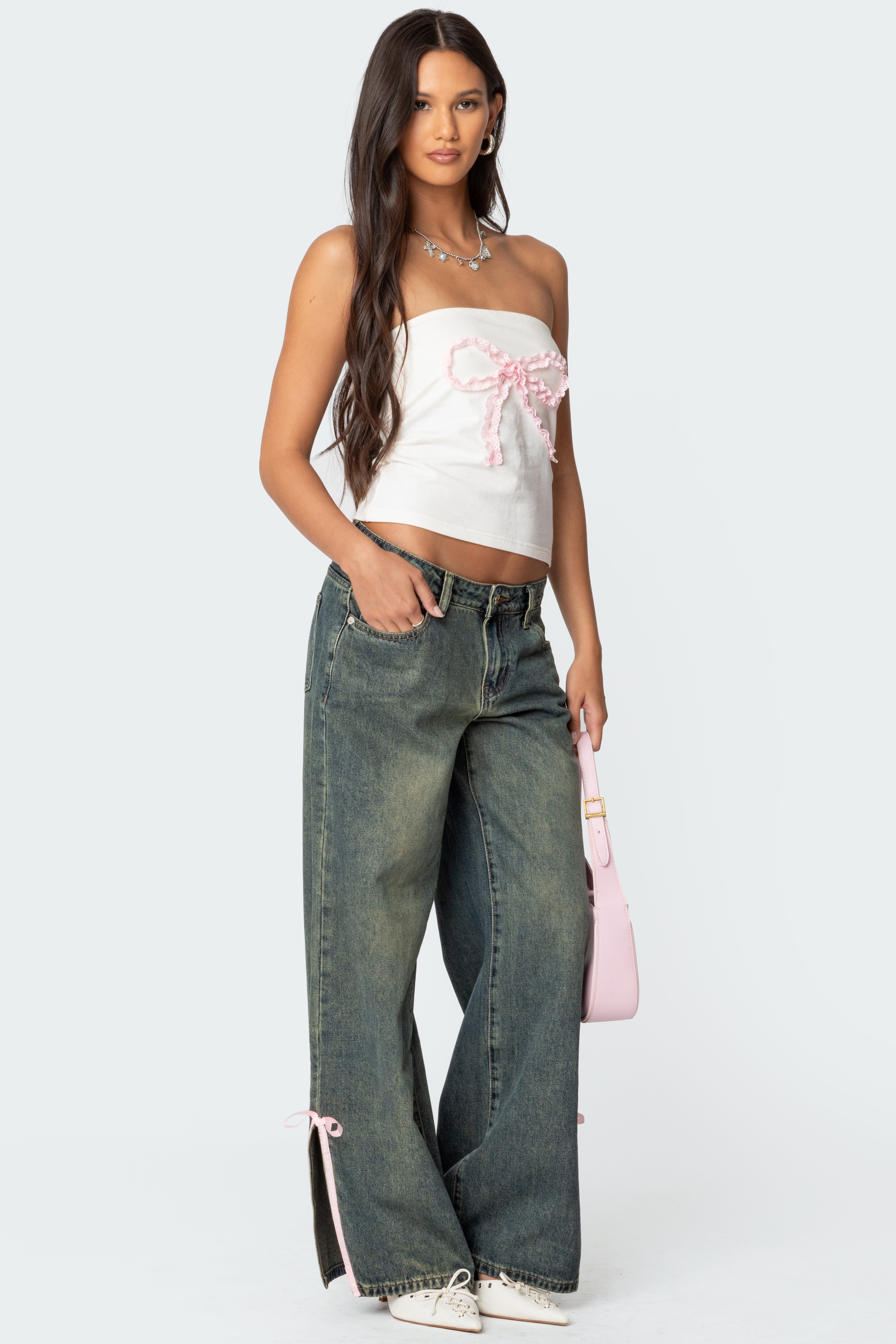 Blue Washed Bow Detail Denim Jeans
