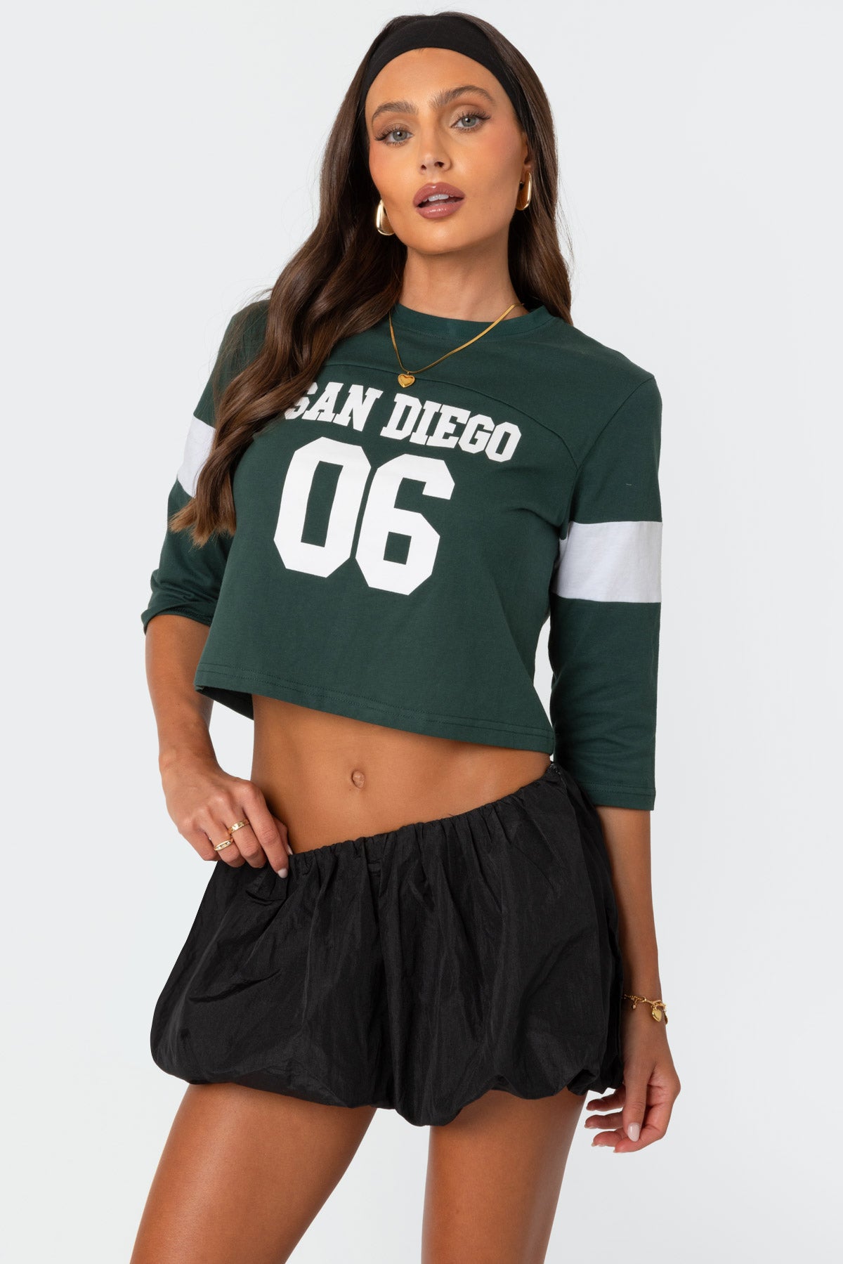 Dark Green Cotton 3/4 Sleeve Graphic T-Shirt