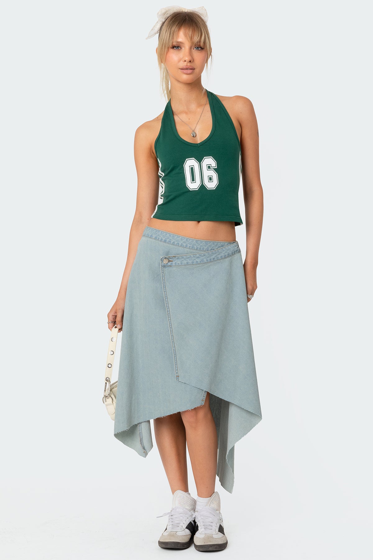 Blue Denim Midi Skirt with Asymmetric Wrap Design