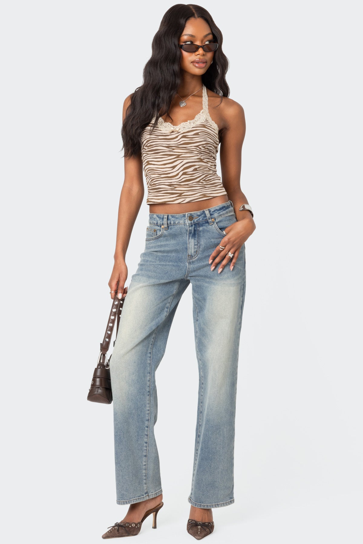 Blue High Rise Straight Leg Jeans for Women