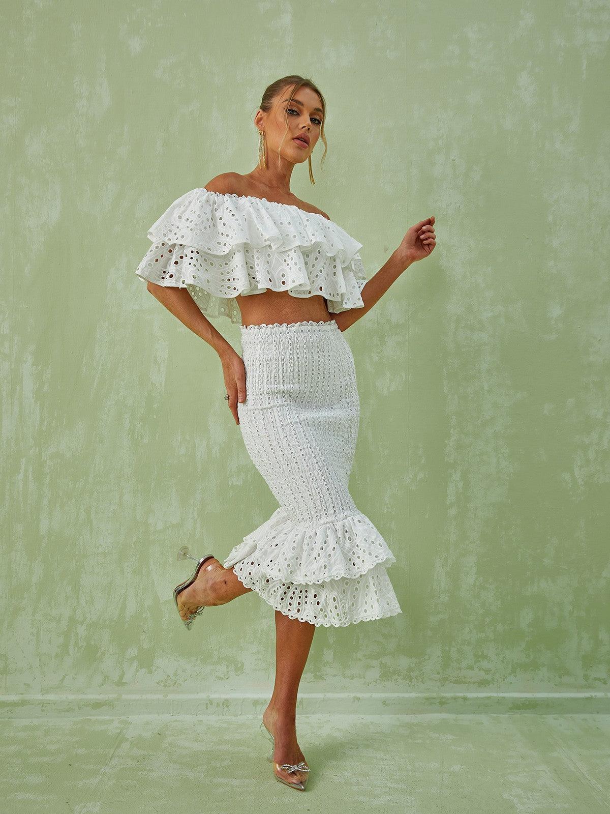 White Ruffle Off Shoulder Hollow Set in Wisteria Fabric