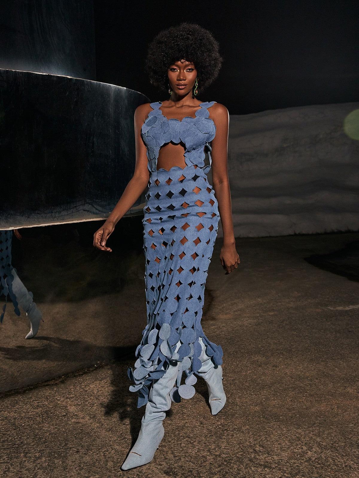 Fringe Denim Maxi Dress in Blue | Lightweight & Stylish
