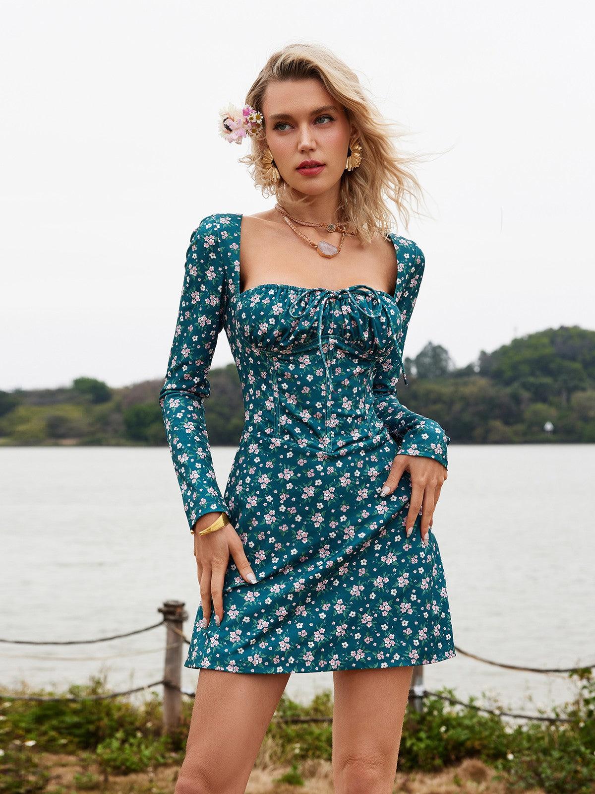 Floral Lace-Up Mini Dress in Elegant Style