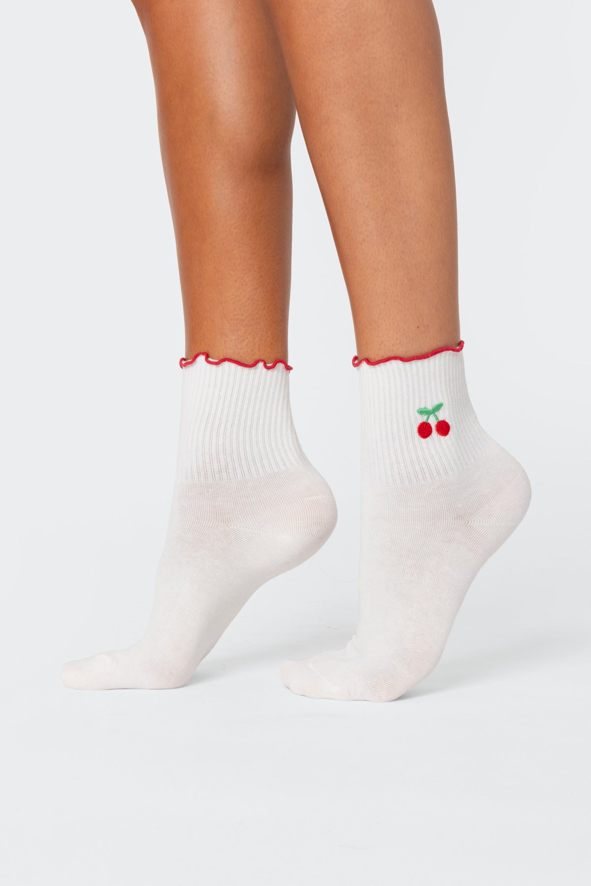 White Frill Hem Cotton Socks - Premium Cherry Design