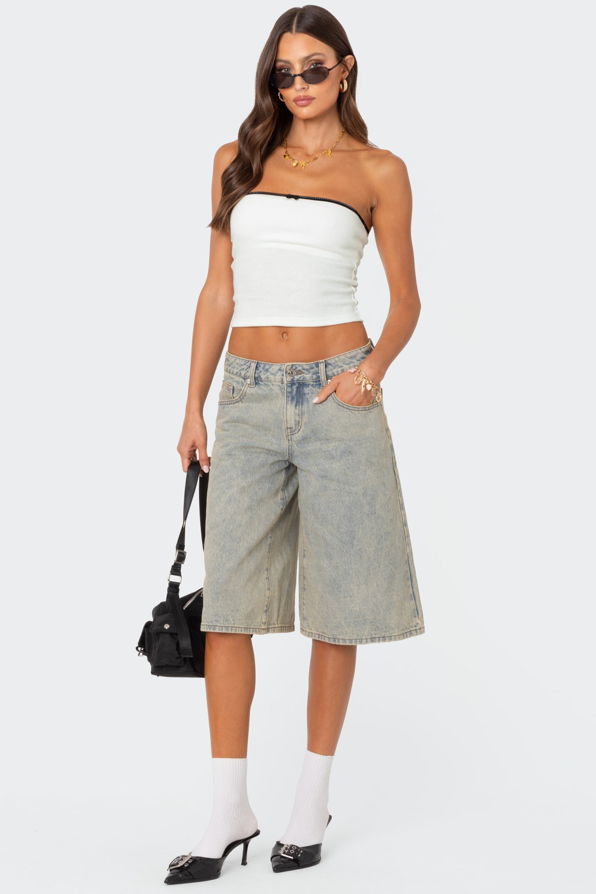 Acid Wash Denim Bermuda Shorts - Long Fit Blue Jeans