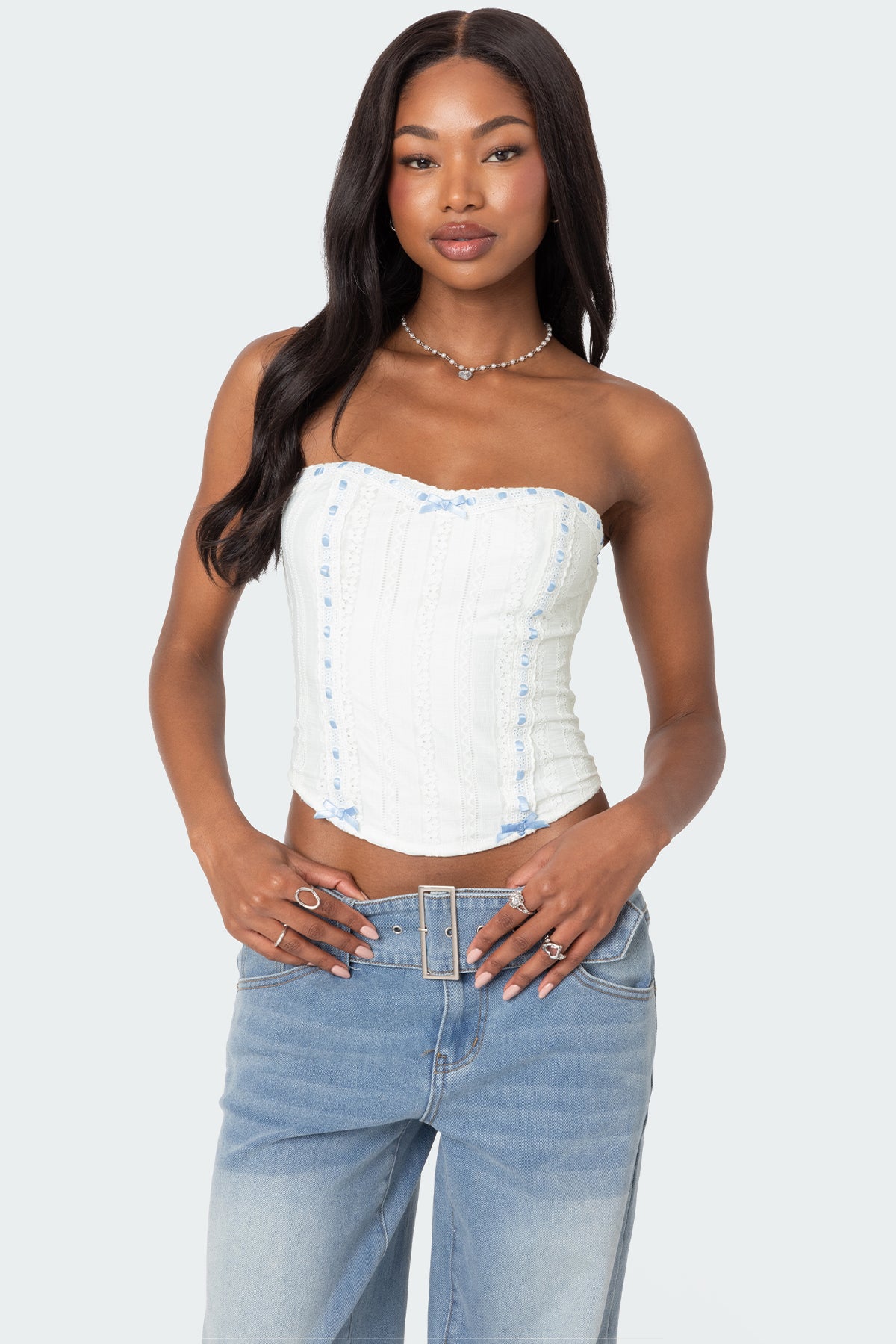 White Lace Ribbon Strapless Corset Mist Detailing