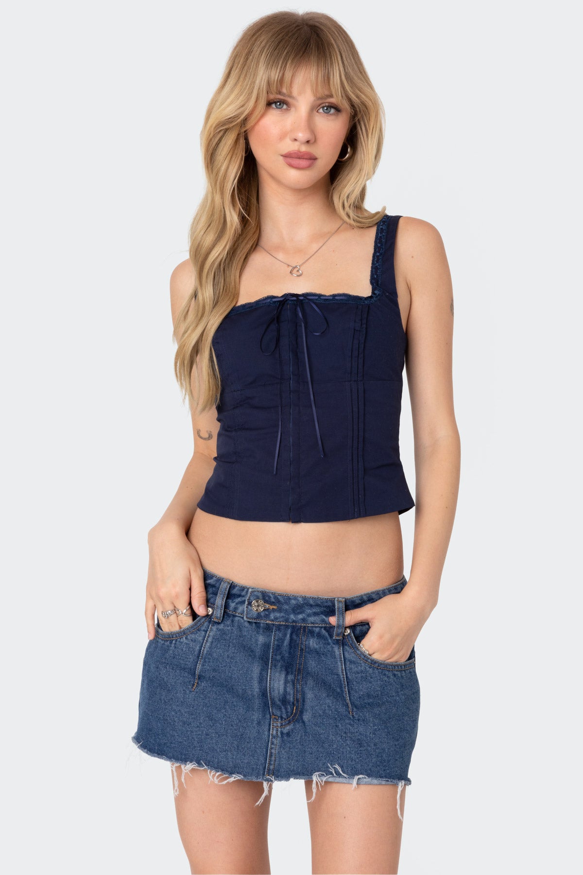 Navy Square Neck Poplin Corset - Elegant Ribbon Detailing