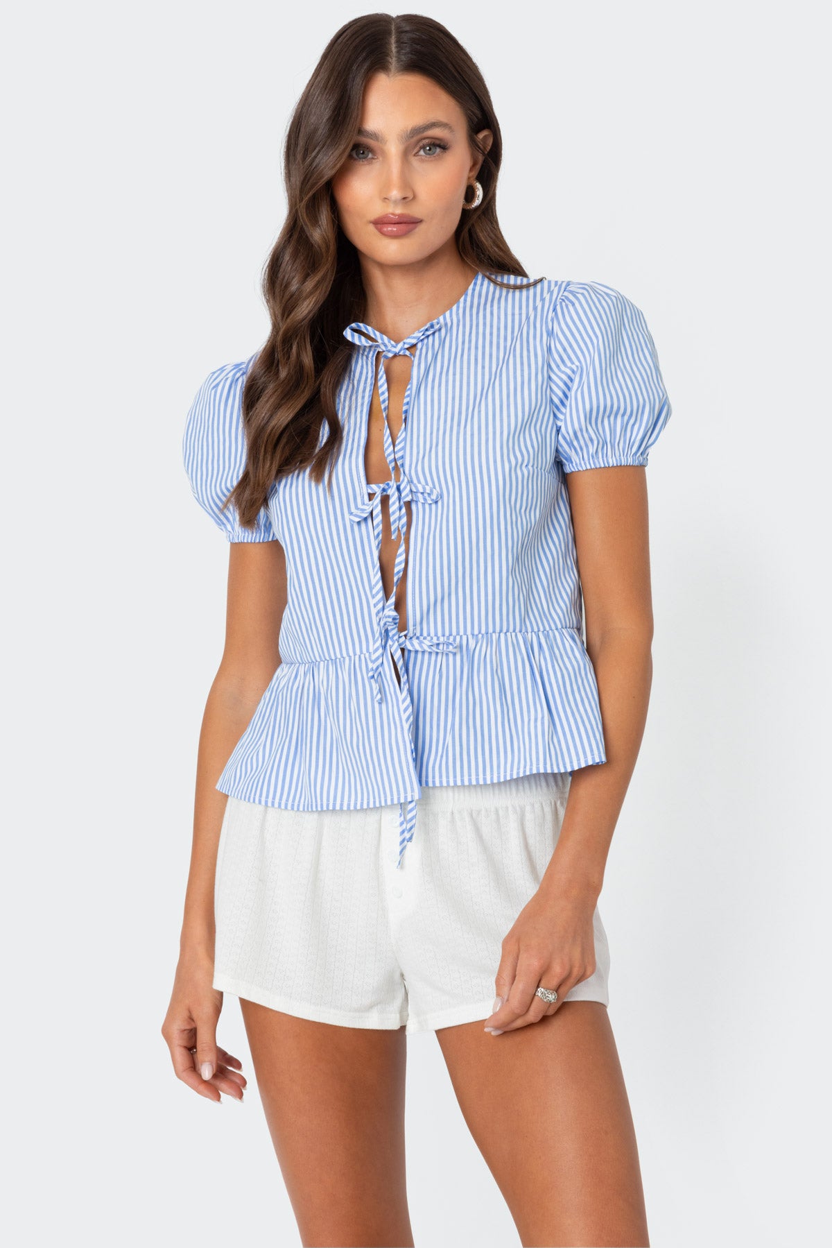 Blue and White Puffed Sleeve Tie Top - Feminine Peplum Style