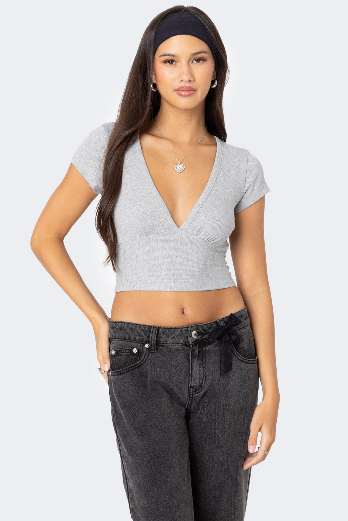 Gray Melange Plunge Neck Cotton Crop Top