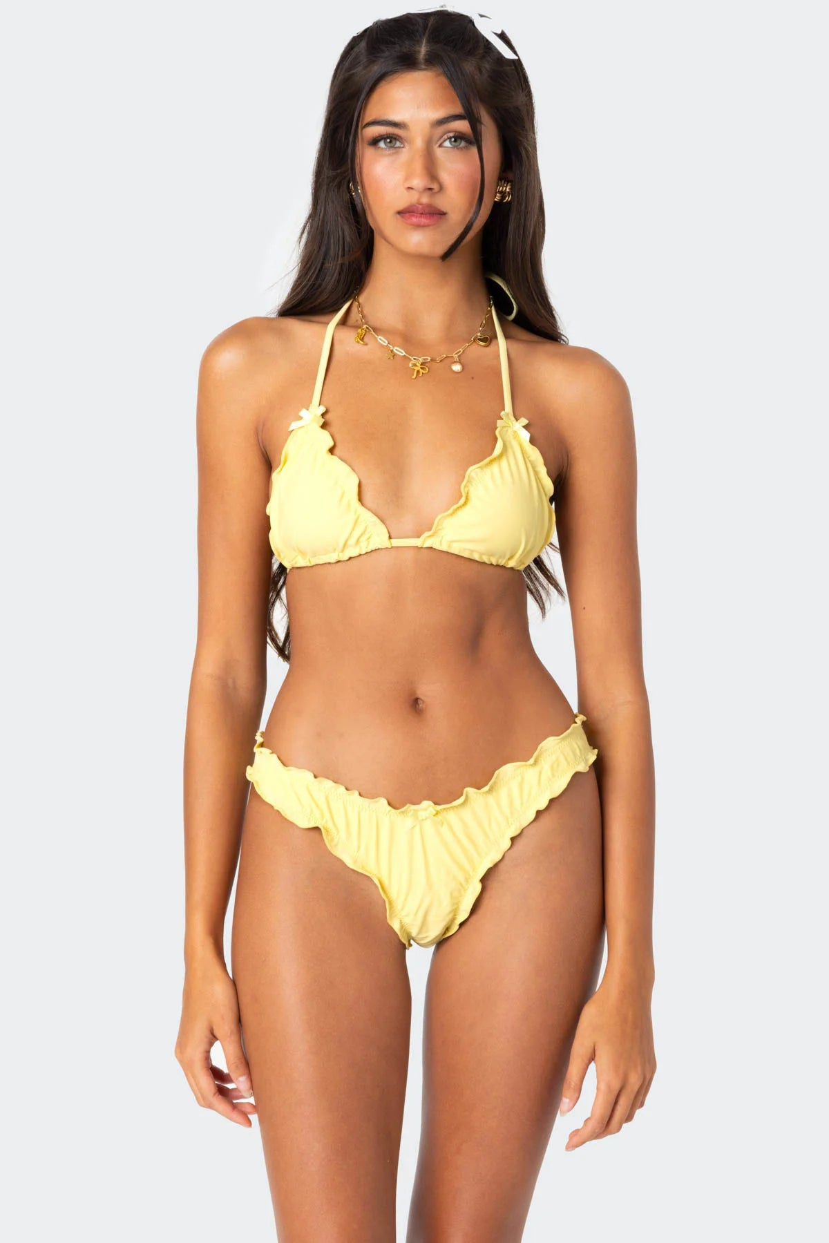 Yellow Ruffle Detail Triangle Bikini Top